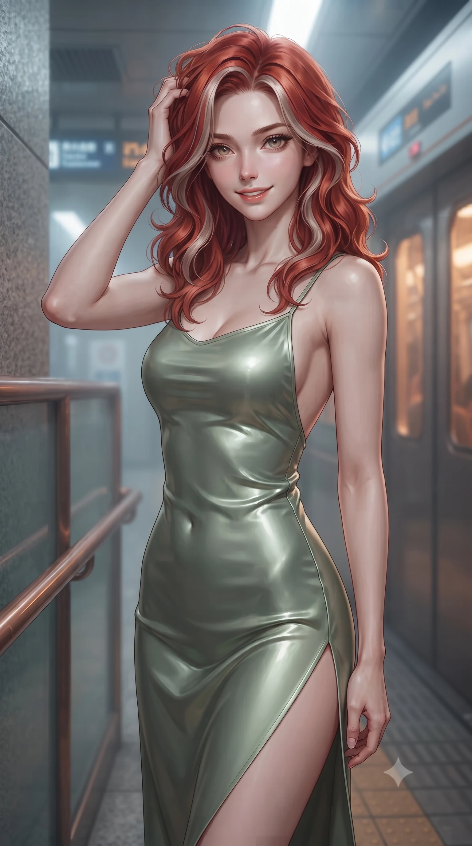 score_9, masterpiece, best quality, ultra-detailed, high-budget anime keyframe, editorial fashion photography, tasteful artistic composition, Caucasian woman. close-up cowboy shot from the waist and thighs up, the character dominates the composition, filling the frame with her large presence, background elements kept in soft focus. slowly running a hand through her hair, smiling with quiet, magnetic self-assurance directly into the camera, the background shows a soft-focus a train platform vestibule with copper handrails and misty glass panels. She has an exceptionally elegant, slender, and willowy female figure with an ultra-slim waist, a gracefully sculpted slender torso, and a refined silhouette. sharp v-shaped jawline, high-bridge nose, intricate jewel-like eyes with depth, thick eyelashes, glossy lips with a natural sheen. wearing a slim-fit lightweight silk combat slip dress in sage green, featuring a high side slit and a low-cut back. cool ambient daylight contrasting with warm amber light from train cabin. ultra-reflective glossy finish, specular highlights, metallic sheen, high-contrast stereoscopic depth, volumetric dynamic lighting, 2k, ultra detail, master piece, 9:16 ratio