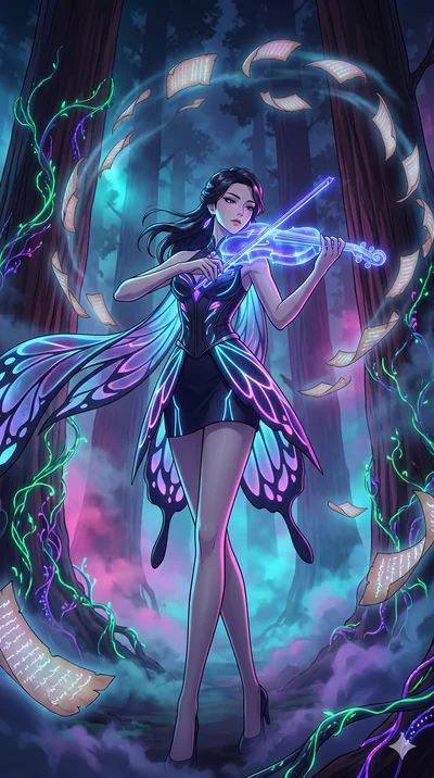 score_9, masterpiece, best quality, ultra-detailed, Set A: High-budget Anime Keyframe, Korean woman. Low angle cowboy shot filling the entire 9:16 frame with her statuesque presence. Theme: Abstract Cosmic. playing a holographic violin in a giant red