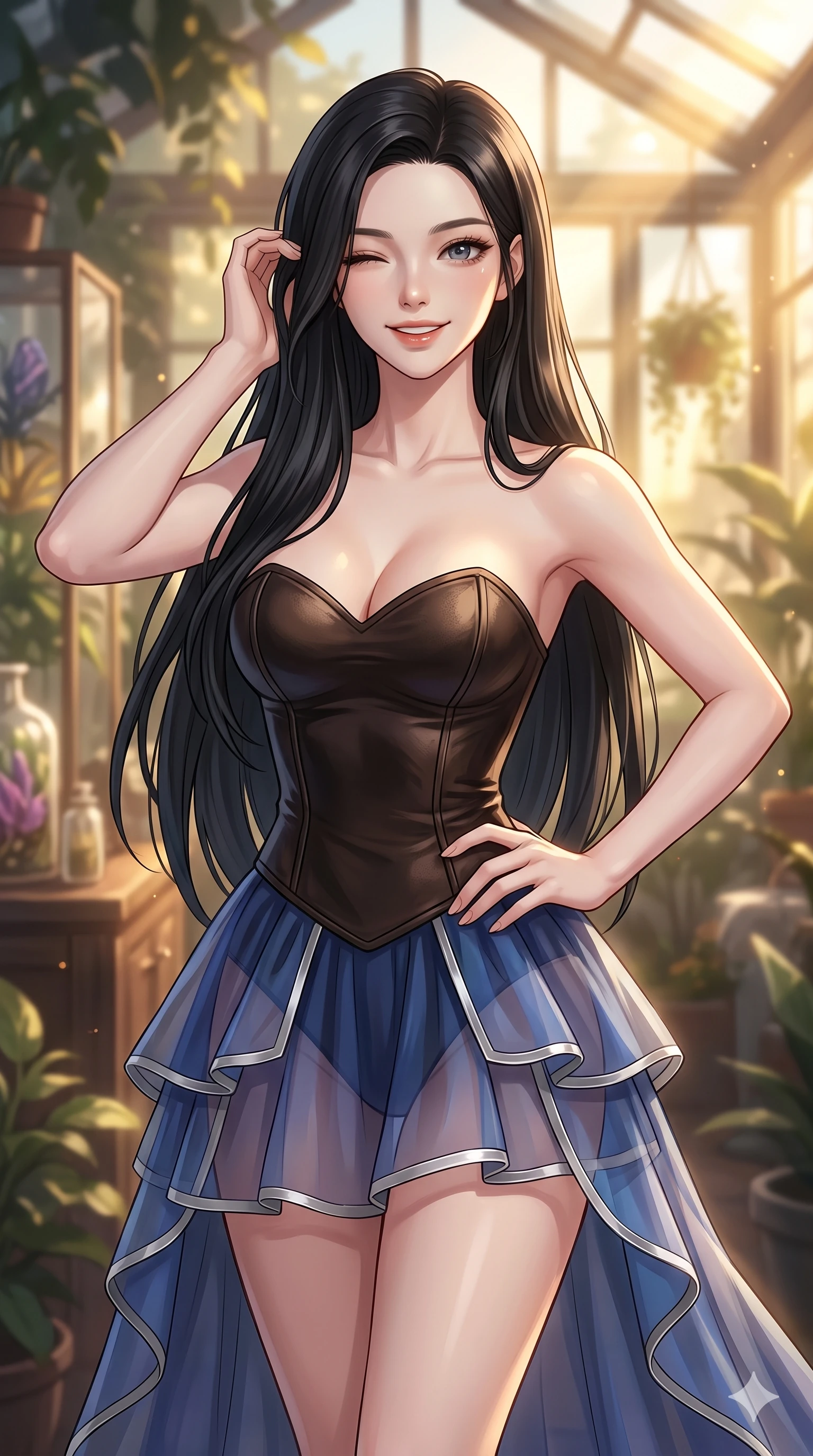 score_9, masterpiece, best quality, ultra-detailed, high-budget anime keyframe, vibrant anime aesthetic, Korean woman. close-up cowboy shot from the waist and thighs up, the character dominates the composition, filling the frame with her large presence, background elements kept in soft focus. She is smiling delightfully while tucking a lock of hair behind her ear, gazing at the camera with sparkling eyes with a lively, expressive stance. the background shows a soft-focus sunny greenhouse laboratory filled with rare botanical specimens and golden volumetric sunbeams (Code-P22-146). She has an absolutely perfect proportion, an exceptionally elegant and slender female figure with an ultra-slim waist. V-shaped jawline, high-bridge nose, intricate jewel-like eyes with depth, thick eyelashes, glossy lips with a natural sheen. wearing a structured leather bodice featuring a sweetheart neckline and a translucent skirt in sapphire blue and silver trim. She is bathed in soft, glowing golden hour sun casting long, elegant shadows, highlighting her winking face and glossy lips inside the retro conservatory cafe. 2k, ultra detail, master piece, 9:16 ratio