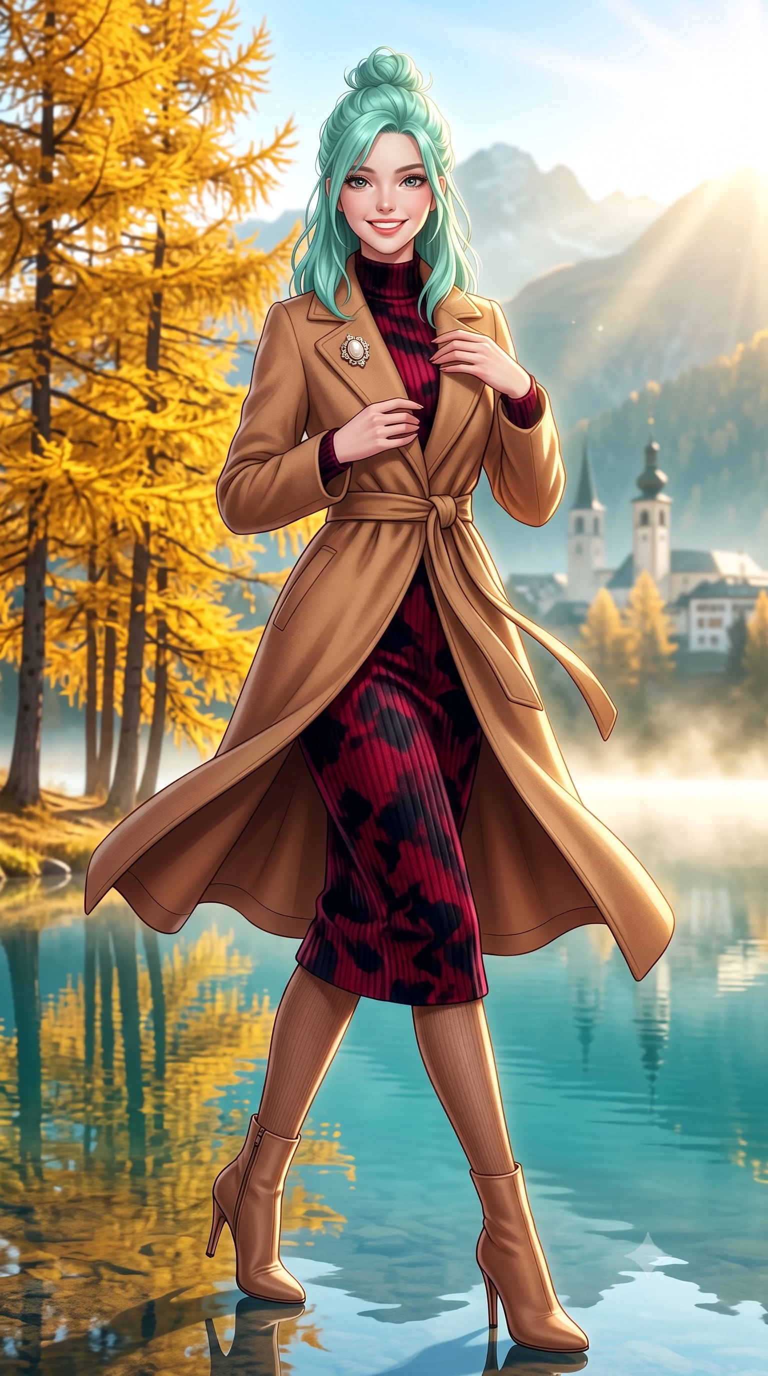 score_9, masterpiece, best quality, ultra-detailed, high-budget anime keyframe, semi-realistic 3D game render, editorial fashion photography, tasteful artistic composition, Japanese woman. low angle full-body shot from head to toe showing her feet, filling the entire 9:16 vertical frame with her statuesque presence, stretching her vertical silhouette. stepping forward gracefully in mid-motion with a radiant beaming smile, her long tailored coat fluttering around her slender legs while pausing beneath a stand of brilliant golden larch trees reflecting in the turquoise water, holding her coat lapels with refined elegance. The background shows a soft-focus distant St. Moritz village towers softened in pristine Swiss nature shallow focus. She has an exceptionally tall and slender model-like 8.5-heads proportion, an ultra-slim waist, a flat toned midriff, narrow delicate ribcage, and beautifully sculpted feminine hips creating a graceful, slim hourglass silhouette without any bulky heaviness, with impossibly long slender legs. sharp v-shaped jawline, high-bridge nose, intricate jewel-like sparkling eyes with depth, thick eyelashes, glossy parted lips with a natural peach sheen, bright cheerful beaming smile with an enchanting and coquettish sensual glint, exuding both youthful cute charm and seductive allure, flawlessly proportioned anatomical accuracy, strict slender model proportions, natural body alignment, perfectly sculpted long slender limbs, ultra-slim waistline, clean dynamic posture without body distortion. wearing a tailored belted cashmere wrap coat in warm camel layered over a fine ribbed knit midi dress in Kyoto autumn maple crimson and deep ink black, crafted from rich cotton velvet with deep light-absorbing pile and soft gradients, complemented by an antique baroque pearl brooch pinned tastefully on the lapel, the precision-cut high-waisted tailoring accentuating her ultra-slim waist and long slender leg line with immaculate aristocratic poise. bathed in crisp, sparkling morning sun breaking over mountain crests, illuminating lake mist with ethereal golden backlighting. highly saturated vibrant anime colors, detailed shading with soft gradients, rich glossy textures, high-contrast stereoscopic depth, volumetric dynamic lighting, master piece, 9:16 ratio