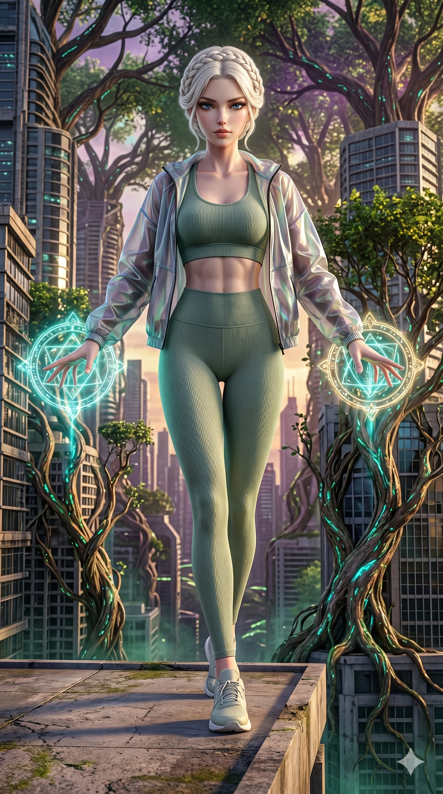 score_9, masterpiece, best quality, ultra-detailed, photorealistic 8k CG, hyper-detailed textures, ray-tracing, Caucasian (strictly human ears) woman. Low angle cowboy shot capturing a powerful motion and statuesque presence. casting a spell that makes the city buildings grow like trees. She has an absolutely perfect 8-heads proportion, an exceptionally tall and slender female figure with an ultra-slim waist and impossibly long slender legs. strictly human anatomy, two legs only, no extra limbs, clearly defined legs and arms, perfect anatomy, perfect hands and fingers. sharp v-shaped jawline, high-bridge nose, intricate jewel-like eyes, thick eyelashes, glossy lips. Wearing Premium Athleisure: Ribbed sports bra and leggings set, sheer windbreaker, and sleek high-performance activewear. The scene is illuminated by dramatic atmospheric lighting and vibrant color palettes. , 2k, ultra detail, master piece, 9:16 ratio