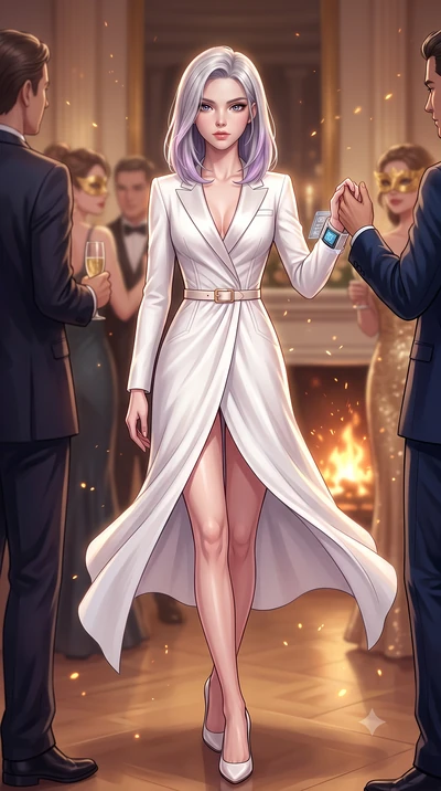 score_9, masterpiece, best quality, ultra-detailed, high-budget anime keyframe, semi-realistic 3D game render, editorial fashion photography, tasteful artistic composition, Caucasian woman. low angle full-body shot from head to toe showing her feet, 
