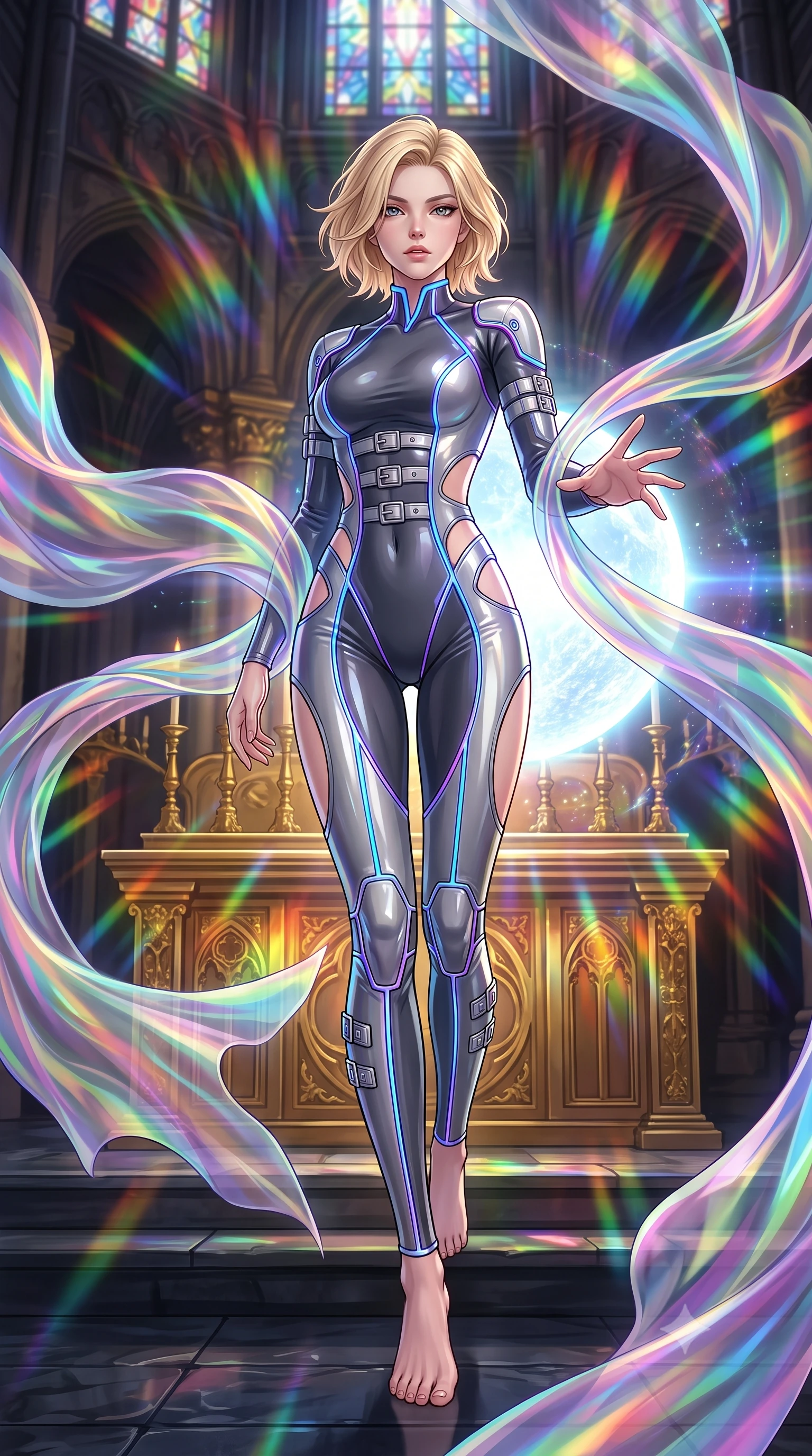 score_9, masterpiece, best quality, ultra-detailed, high-budget anime keyframe, editorial fashion photography, tasteful artistic composition, Caucasian woman. low angle full-body shot from head to toe showing her feet, filling the entire 9:16 vertical frame with her statuesque presence, stretching her vertical silhouette. stepping forward in a proud dynamic stride, her vertical silhouette filling the frame with statuesque presence while reaching her hand toward a glowing celestial orb hovering over a golden altar, translucent silk drapes swirling in a dynamic cosmic wind vortex. She has an absolutely perfect, statuesque 8.5-heads proportion, an exceptionally tall and slender model-like female figure with impossibly long slender legs and an ultra-slim waist. sharp v-shaped jawline, high-bridge nose, intricate jewel-like eyes with depth, thick eyelashes, glossy lips with a natural sheen, flawlessly proportioned anatomical accuracy, natural body alignment, perfectly sculpted elegant limbs, clean dynamic posture without body distortion. wearing a skin-tight cybernetic bodysuit with glowing neon seams and side cutouts in charcoal grey and platinum, tailored from high-gloss patent leather, detailed with polished silver buckles along the waistline, the sleek second-skin texture accentuating her magnetic presence. illuminated by cascading rainbow prismatic light refracting through stained glass. highly saturated vibrant anime colors, detailed shading with soft gradients, rich glossy textures, high-contrast stereoscopic depth, volumetric dynamic lighting, master piece, 9:16 ratio