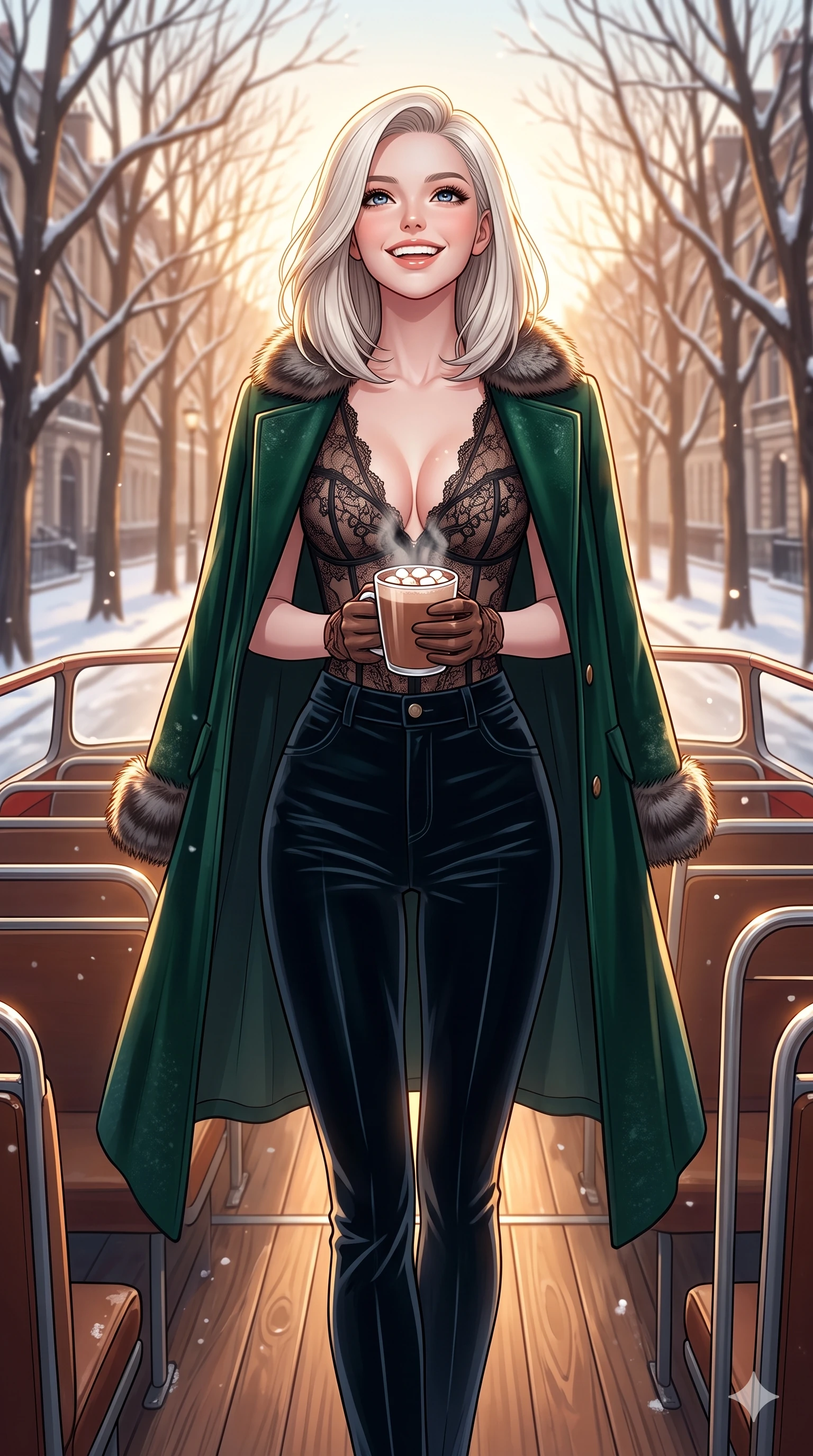 score_9, masterpiece, best quality, ultra-detailed, high-budget anime keyframe, vibrant anime aesthetic, Caucasian woman, strictly human ears. cowboy shot from the thighs up, character and outfit filling the frame for maximum presence. She is holding a warm mug of cocoa with a bright winter grin, looking up happily on an open-air bus deck in a winter avenue (Code-P21-194). She has an absolutely perfect 8-heads proportion, an exceptionally tall and slender female figure with impossibly long slender legs and an ultra-slim waist. V-shaped jawline, high-bridge nose, intricate jewel-like eyes with depth, thick eyelashes, glossy lips with a natural sheen. wearing a sheer lace corset top with a plunging neck showing her cleavage in winter. She is drenched in sun-kissed winter rays that outline her 8-heads proportion and slim waist. 2k, ultra detail, master piece, 9:16 ratio