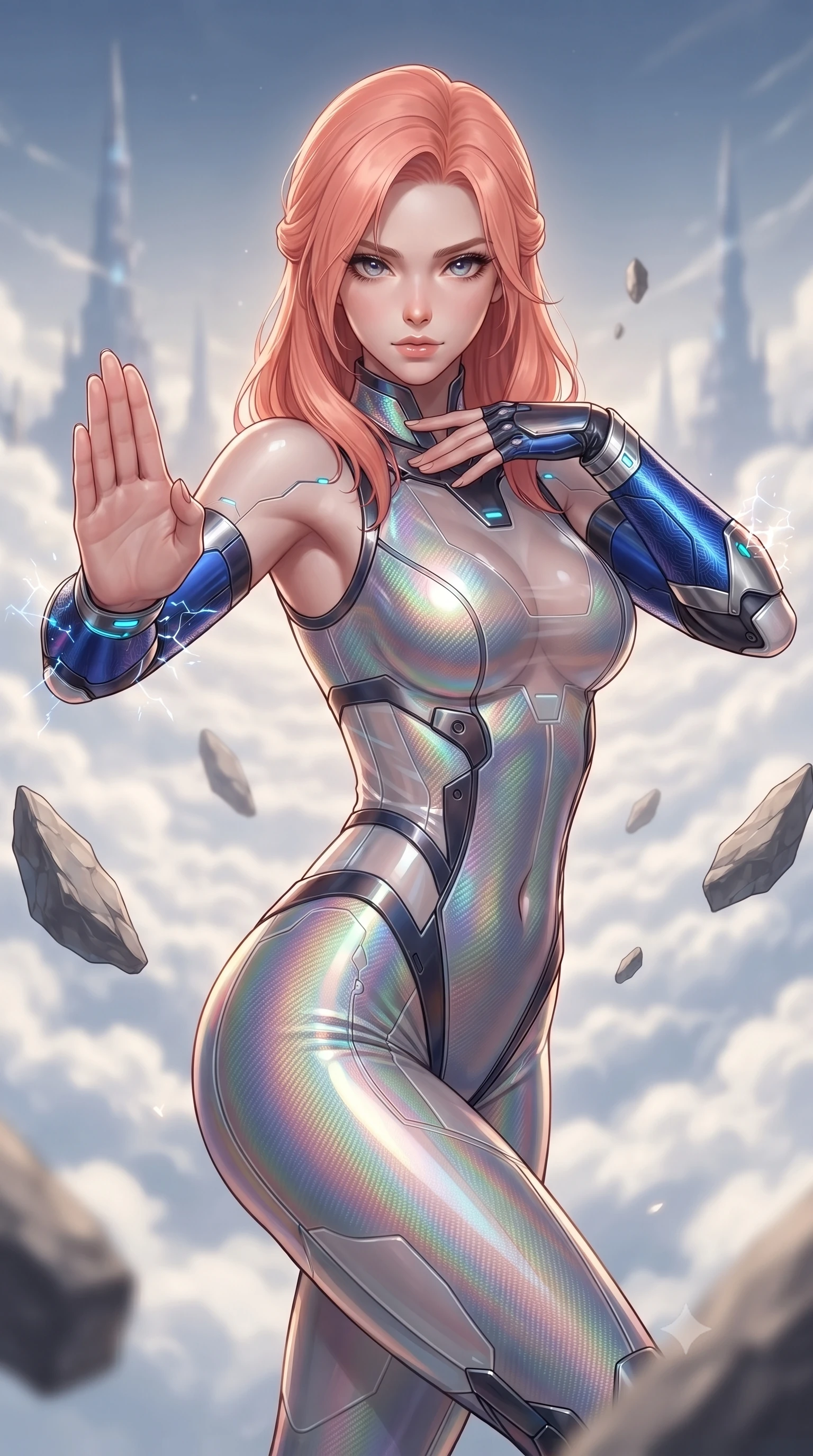 score_9, masterpiece, best quality, ultra-detailed, high-budget anime keyframe, editorial fashion photography, tasteful artistic composition, Japanese woman. close-up cowboy shot from the waist and thighs up, the character dominates the composition, filling the frame with her large presence. twisting her upper body in a dynamic S-curve martial arts stance, cybernetic elbow dampers emitting subtle electric sparks as she aims a focused palm strike while resting one hand near her clavicle with calm sovereign poise as floating stone shards align around her slender silhouette. The composition keeps background elements in soft focus with creamy bokeh. billowing white cloud seas and distant celestial spires softened by shallow atmospheric focus. She has an exceptionally elegant, slender, and willowy female figure with an ultra-slim waist, a gracefully sculpted slender torso, toned flat midriff, and a refined slim silhouette. sharp v-shaped jawline, high-bridge nose, intricate jewel-like eyes with depth, thick eyelashes, glossy lips with a natural sheen, flawlessly proportioned anatomical accuracy, strict slender model proportions, natural body alignment, perfectly sculpted long slender limbs, ultra-slim waistline, clean dynamic posture without body distortion. wearing a high-gloss iridescent rainbow carbon-weave bodysuit with translucent cybernetic panels and Damascus-steel forearm bracers in electric cobalt blue carbon with polished platinum trim, crafted from ultra-strong woven carbon-fiber composite with a satin luster, featuring a sleek aerodynamic collar framed by subtle glowing cybernetic status LEDs, the glove-like aerodynamic second-skin fit tightly clinging to her ultra-slender waist and athletic curves without adding bulk, accentuating her razor-sharp statuesque lines and slim hourglass silhouette. surrounded by an awe-inspiring, ancient, and radiantly transcendent martial muse sovereignty aura. ultra-reflective glossy finish, specular highlights, dark metallic sheen, high-contrast stereoscopic depth, volumetric dynamic lighting, 2k, ultra detail, master piece, 9:16 ratio