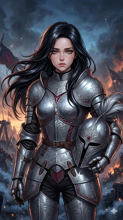 score_9, score_8_up, score_7_up, source_anime, masterpiece, best quality, ultra-detailed, same character with long flowing black hair, wearing ornate silver knight armor, upper body close-up from thigh up filling the screen, taking off her helmet wit