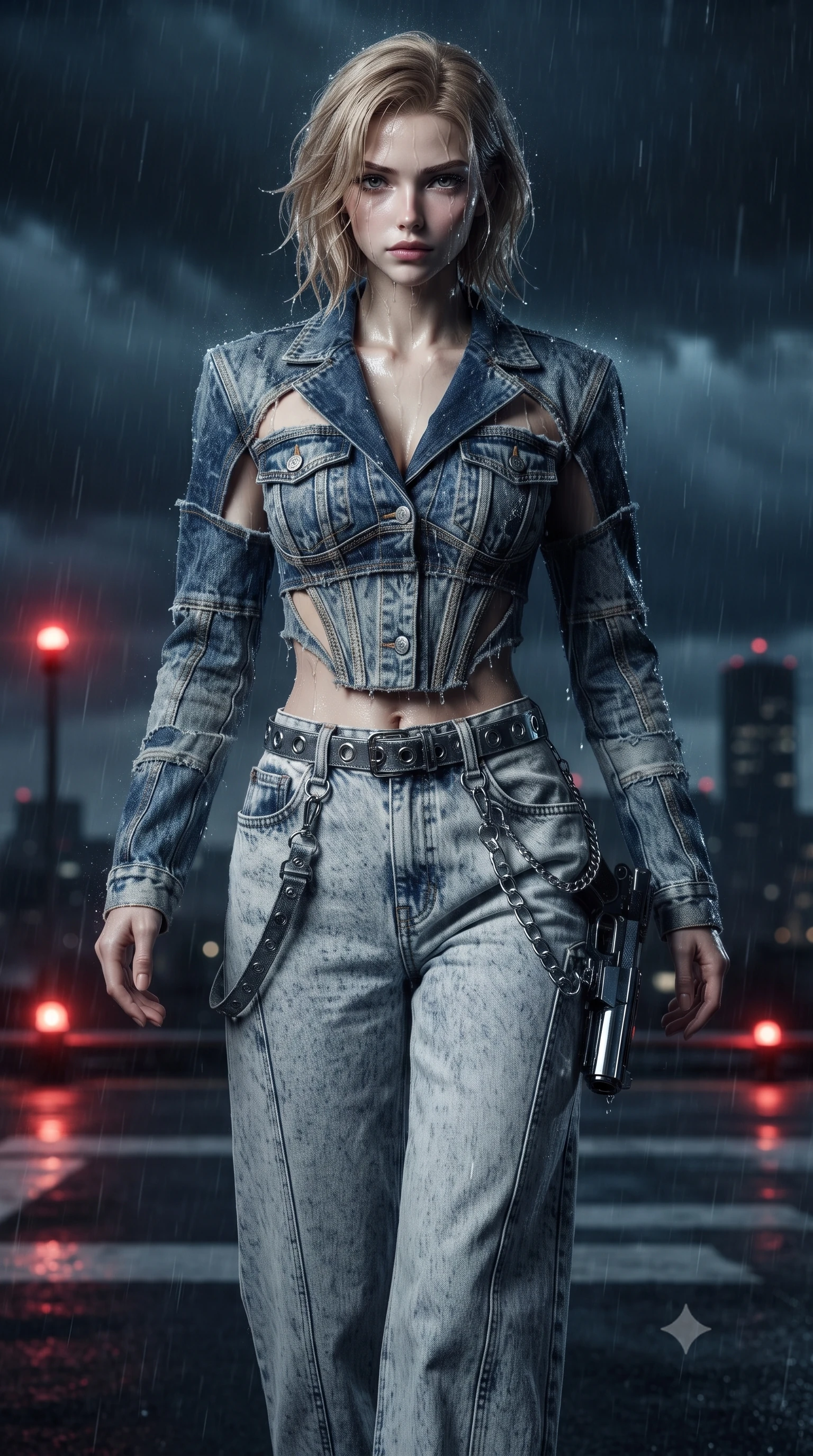score_9, masterpiece, best quality, ultra-detailed, high-budget anime keyframe, editorial fashion photography, tasteful artistic composition, Caucasian woman. close-up cowboy shot from the waist and thighs up, the character dominates the composition, filling the frame with her large presence. leaning forward with playful, captivating grace, her sculpted collarbones and slender neckline highlighted by directional light while striding through the rainstorm with lethal grace, grappling gun holstered at her hip as thunder rumbles overhead. The composition keeps background elements in soft focus with creamy bokeh. helipad perimeter warning beacons and swirling storm rain sheets softened in cinematic shallow focus. She has an exceptionally elegant, slender, and willowy female figure with an ultra-slim waist, a gracefully sculpted slender torso, toned flat midriff, and a refined slim silhouette. sharp v-shaped jawline, high-bridge nose, intricate jewel-like eyes with depth, thick eyelashes, glossy lips with a natural sheen, captivating and magnetic expression, flawlessly proportioned anatomical accuracy, strict slender model proportions, natural body alignment, perfectly sculpted long slender limbs, ultra-slim waistline, clean dynamic posture without body distortion. wearing a deconstructed denim corseted crop jacket paired with high-waisted wide-leg utility jeans and a silver grommet belt in acid-wash light denim and dark chrome, tailored from distressed structured cotton denim with metallic thread, accented with hanging industrial clip straps and chrome chain links, the sleek tailored cut tightly hugging her graceful clavicle, narrow waist, and feminine curves with statuesque precision. surrounded by an indomitable, dangerous, and breathtakingly cinematic lone infiltration specialist aura. ultra-reflective glossy finish, specular highlights, rich textural contrasts, high-contrast stereoscopic depth, volumetric dynamic lighting, 2k, ultra detail, master piece, 9:16 ratio