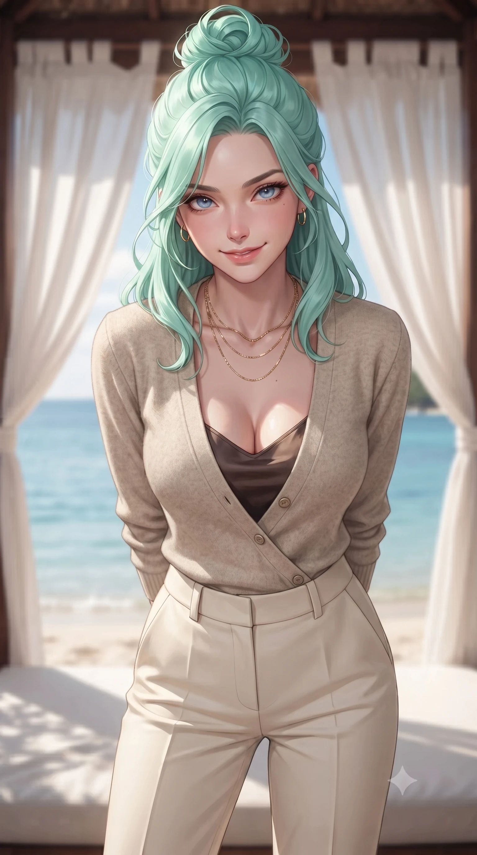 score_9, masterpiece, best quality, ultra-detailed, high-budget anime keyframe, editorial fashion photography, tasteful artistic composition, Japanese woman woman. close-up cowboy shot from the waist and thighs up, the character dominates the composition, filling the frame with her large presence, background elements kept in soft focus. leaning slightly forward with a playful, teasing smile, her gaze locked onto the viewer the background shows a soft-focus a beach cabana with white fabric curtains, overlooking a serene blue lagoon. She has an exceptionally elegant, slender, and willowy female figure with an ultra-slim waist, a gracefully sculpted slender torso, and a refined silhouette. sharp v-shaped jawline, high-bridge nose, intricate jewel-like eyes with depth, thick eyelashes, glossy lips with a natural sheen. wearing a slim-fit comfortable cashmere wrap cardigan in oatmeal color, over a dark brown silk camisole and tailored cream trousers. dappled sunlight filtering through the cabana roof and drapes. ultra-reflective glossy finish, specular highlights, metallic sheen, high-contrast stereoscopic depth, volumetric dynamic lighting, 2k, ultra detail, master piece, 9:16 ratio