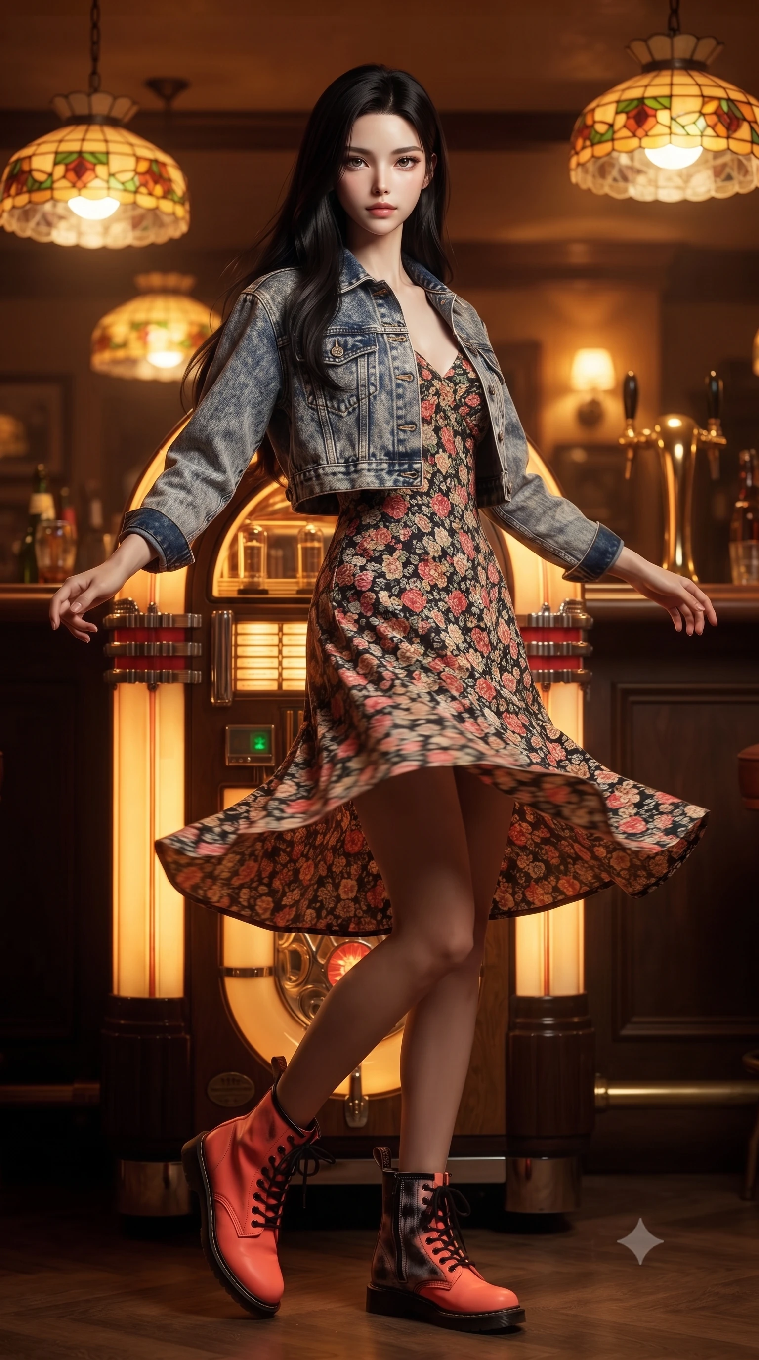 score_9, masterpiece, best quality, ultra-detailed, high-budget anime keyframe, editorial fashion photography, tasteful artistic composition, Korean woman. low angle full-body shot from head to toe showing her feet, filling the entire 9:16 vertical frame with her statuesque presence, stretching her vertical silhouette. executing an elegant mid-motion spin with effortless grace, her garments fluttering softly around her ultra-slim waistline while leaning against a classic jukebox as warm golden tubes glow behind her, tapping her foot to an old groove. The composition keeps background elements in soft focus with creamy bokeh. stained glass pendant lamps and brass bar taps softened in cozy analog depth of field. She has an absolutely perfect, statuesque 8.5-heads proportion, an exceptionally tall and slender model-like female figure with impossibly long slender legs, a toned flat midriff, and an ultra-slim waist. sharp v-shaped jawline, high-bridge nose, intricate jewel-like eyes with depth, thick eyelashes, glossy lips with a natural sheen, captivating and magnetic expression, flawlessly proportioned anatomical accuracy, strict slender model proportions, natural body alignment, perfectly sculpted long slender limbs, ultra-slim waistline, clean dynamic posture without body distortion. wearing a classic cropped acid-wash denim jacket paired with a floral print slip dress and combat boots in retro neon coral and washed black denim, tailored from velvety soft genuine suede with classic stitched seams, finished with polished mother-of-pearl buttons and tailored flap pockets, the form-contouring material adhering flawlessly to her sculpted flat midriff and slender torso, emphasizing her long leg lines and perfectly proportioned willowy build. bathed in warm amber incandescent lamp glow and golden vacuum tube ambient warmth. ultra-reflective glossy finish, specular highlights, rich textural contrasts, high-contrast stereoscopic depth, volumetric dynamic lighting, 2k, ultra detail, master piece, 9:16 ratio