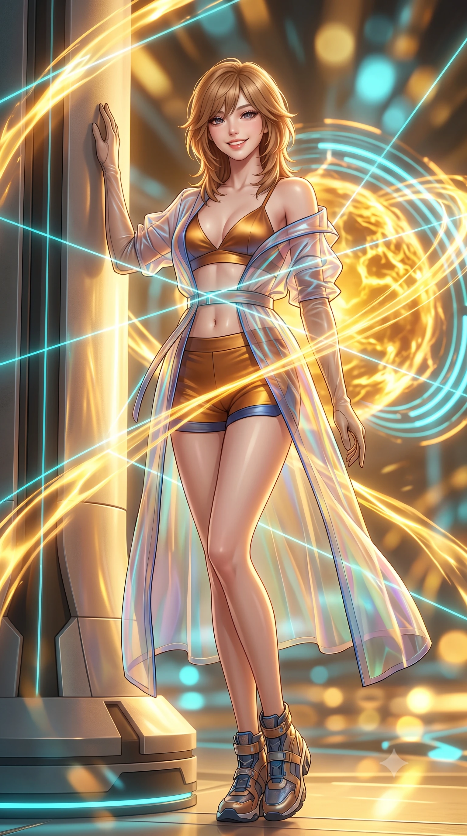 score_9, masterpiece, best quality, ultra-detailed, high-budget anime keyframe, semi-realistic 3D game render, editorial fashion photography, tasteful artistic composition, Korean woman. low angle full-body shot from head to toe showing her feet, filling the entire 9:16 vertical frame with her statuesque presence, stretching her vertical silhouette. standing tall beside the architectural column, one hand resting high while arching her lower back to emphasize her sculpted feminine hips and slender waist while twisting her slender torso in an alluring S-curve, golden plasma ribbons and cyan laser containment fields criss-crossing across her flat midriff and hourglass curves. The background shows a soft-focus swirling sphere of molten golden plasma, circular magnetic coil rings pulsing with cyan light, and shimmering heat distortion ripples blurred into gold, amber, and cyan bokeh. She has an exceptionally tall and slender model-like 8.5-heads proportion, an ultra-slim waist, a flat toned midriff, narrow delicate ribcage, and beautifully sculpted feminine hips creating a graceful, slim hourglass silhouette without any bulky heaviness, with impossibly long slender legs. sharp v-shaped jawline, high-bridge nose, intricate jewel-like sparkling eyes with depth, thick eyelashes, glossy parted lips with a natural peach sheen, bright cheerful beaming smile with an enchanting and coquettish sensual glint, exuding both youthful cute charm and seductive allure, flawlessly proportioned anatomical accuracy, strict slender model proportions, natural body alignment, perfectly sculpted long slender limbs, ultra-slim waistline, clean dynamic posture without body distortion. wearing a translucent iridescent organza tactical robe slipping off bare shoulders over a matching satin micro-bralette and combat shorts in Jovian storm amber and electric cobalt, made of fluid liquid jersey with seamless sculpting hold and smooth contours, complemented by sheer opera-length evening gloves tracing her slender arms, the form-contouring silhouette accentuating her sculpted flat midriff, narrow delicate ribcage, and gracefully curvy hips with intoxicating allure. bathed in the blinding warm golden 3000K plasma radiance mixed with delicate cyan laser grid lines. highly saturated vibrant anime colors, detailed shading with soft gradients, rich glossy textures, high-contrast stereoscopic depth, volumetric dynamic lighting, master piece, 9:16 ratio