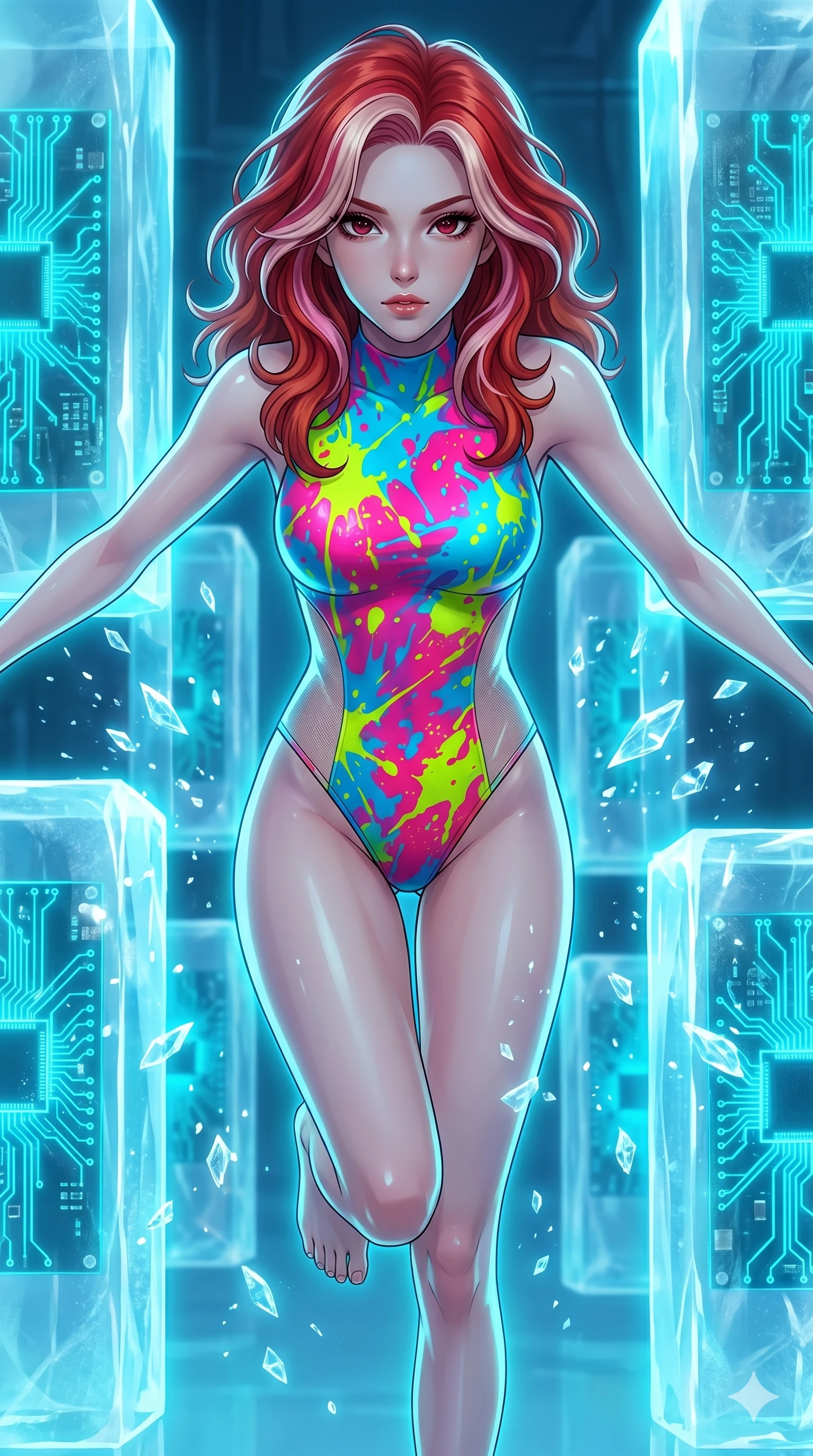 score_9, masterpiece, best quality, ultra-detailed, high-budget anime keyframe, Japanese woman. upper body close-up from the thighs up, character filling the screen for maximum presence. leaping inside a sub-zero cybernetic ice temple, where glowing neon cyan computer circuit boards are frozen within transparent ice pillars, fracturing ice crystals into sparkles around her. She has an absolutely perfect 8-heads proportion, an exceptionally tall and slender female figure with impossibly long slender legs and an ultra-slim waist. V-shaped jawline, high-bridge nose, intricate jewel-like eyes with depth, thick eyelashes, glossy lips with a natural sheen.. wearing a liquid acrylic splash bodysuit, featuring a skin-tight bodysuit that looks like vivid fluorescent acrylic paint splattered and dried, with sheer mesh side panels. bathed in brilliant cinematic volumetric lighting and intense neon rim light highlighting her slender form. 2k, ultra detail, master piece, 9:16 ratio
