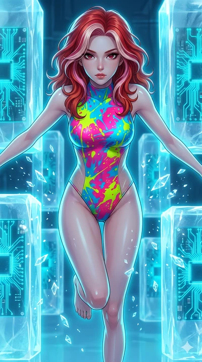 score_9, masterpiece, best quality, ultra-detailed, high-budget anime keyframe, Japanese woman. upper body close-up from the thighs up, character filling the screen for maximum presence. leaping inside a sub-zero cybernetic ice temple, where glowing 