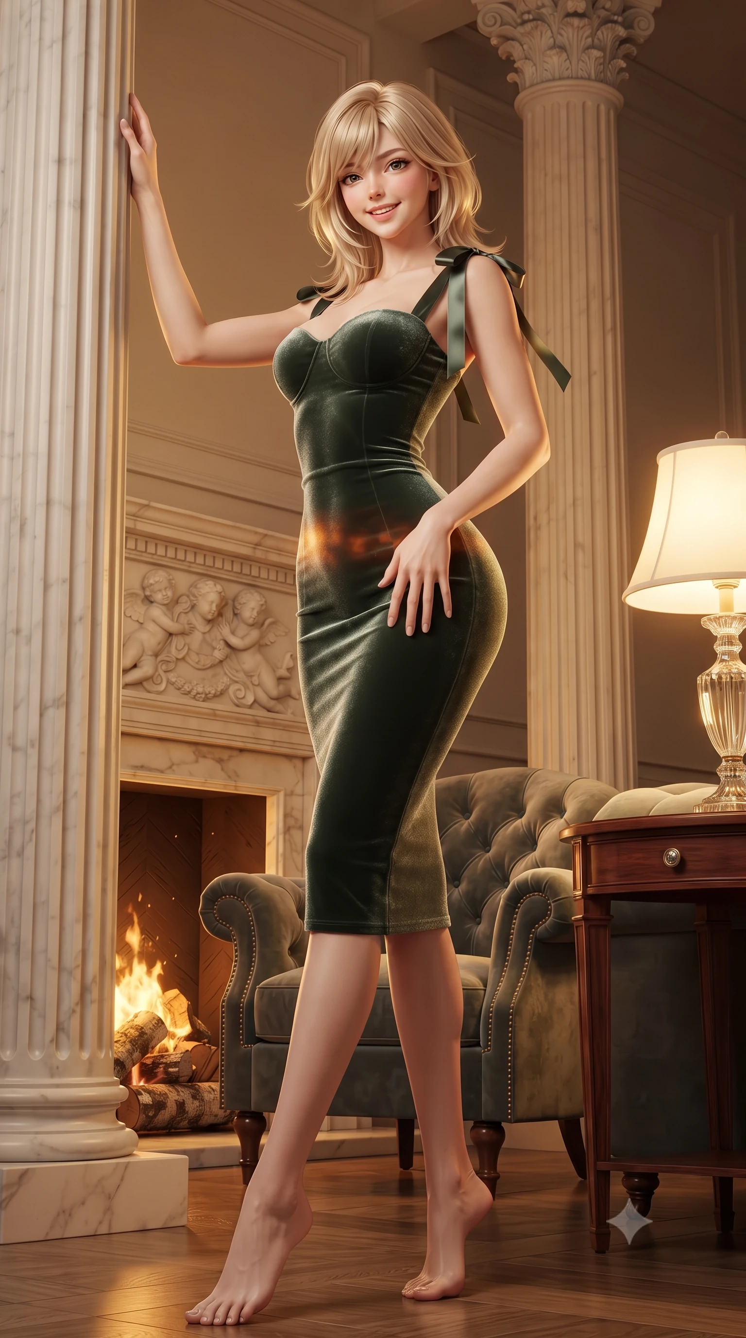 score_9, masterpiece, best quality, ultra-detailed, high-budget anime keyframe, editorial fashion photography, tasteful artistic composition, Japanese woman. low angle full-body shot from head to toe showing her feet, filling the entire 9:16 vertical frame with her statuesque presence, stretching her vertical silhouette. standing tall beside the architectural column, one hand resting high while arching her lower back to emphasize her sculpted feminine hips and slender waist while twisting her slender torso in an alluring contrapposto stance, warm firelight reflections dancing across her narrow waist and curvy hips. The surrounding environment is rendered in vivid detail and crisp panoramic clarity: sharp carved white Carrara marble fireplace relief, deep button-tufted velvet upholstery seams, and polished rosewood table grain in deep focus. She has an exceptionally tall and slender model-like 8.5-heads proportion, an ultra-slim waist, a flat toned midriff, narrow delicate ribcage, and beautifully sculpted feminine hips creating a graceful, slim hourglass silhouette without any bulky heaviness, with impossibly long slender legs. sharp v-shaped jawline, high-bridge nose, intricate jewel-like sparkling eyes with depth, thick eyelashes, glossy parted lips with a natural peach sheen, bright cheerful beaming smile with an enchanting and coquettish sensual glint, exuding both youthful cute charm and seductive allure, flawlessly proportioned anatomical accuracy, strict slender model proportions, natural body alignment, perfectly sculpted long slender limbs, ultra-slim waistline, clean dynamic posture without body distortion. wearing a dense bandage knit pencil dress with sweetheart neckline contouring her delicate ribcage and hips in Loch Ness deep peat moss green and silver starlight, tailored from ultra-plush silk velvet with rich tactile depth and deep shadow gradients, finished with satin ribbon ties at the shoulders fluttering in the gentle breeze, the liquid-tight tailored fabric clinging flawlessly to her narrow waist and rounded feminine hips, emphasizing every millimeter of her sculpted slim hourglass curves without any bulky heaviness. bathed in the warm golden 2500K glow of crystal lamps and crackling birch logs in the hearth. ultra-reflective glossy finish, specular highlights, rich textural contrasts, high-contrast stereoscopic depth, volumetric dynamic lighting, 2k, ultra detail, master piece, 9:16 ratio