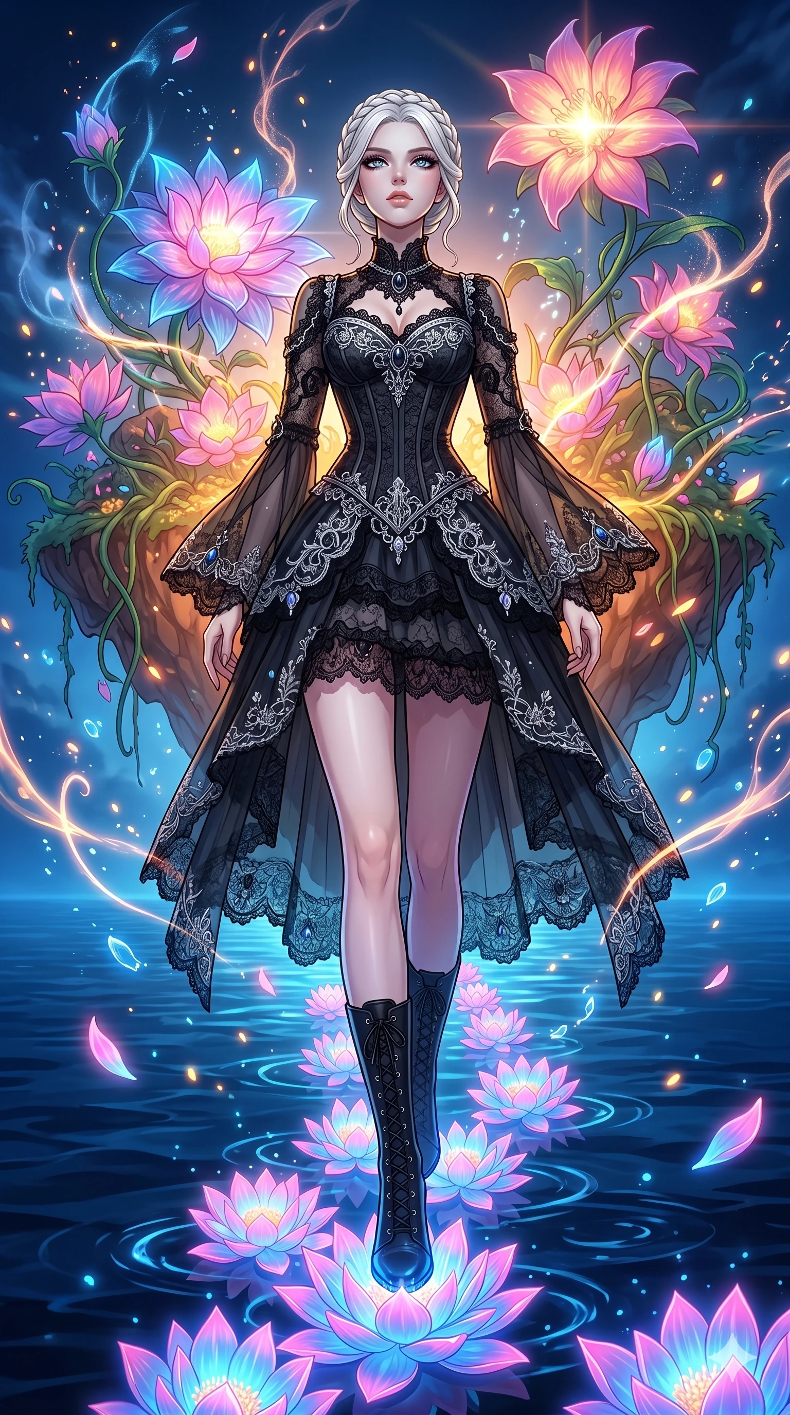 score_9, masterpiece, best quality, ultra-detailed, High-budget Anime Keyframe, vibrant colors, fluid line-art, expressive lighting, cinematic composition, Ufotable-style visual effects, top-tier animation quality, Caucasian woman with pale skin and refined features. Low angle cowboy shot filling the entire 9:16 frame with her statuesque presence, looking up to emphasize her height. Creating a path of glowing lotus flowers with every step across a dark lake. She has an absolutely perfect 8-heads proportion, an exceptionally tall and slender female figure with impossibly long slender legs and an ultra-slim waist, her statuesque height and towering silhouette dominating the vertical 9:16 frame. Her face is a masterpiece featuring a sharp v-shaped jawline, high-bridge nose, intricate jewel-like eyes with depth, thick eyelashes, and glossy lips with a natural sheen. She is wearing a Ornate gothic lolita dress with layers of black lace, corset-style gown with flowing bell sleeves, and sheer fabric transparency.. The scene is set in a floating island covered in giant glowing flowers and vines of pure energy. 2k, ultra detail, master piece, 9:16 ratio