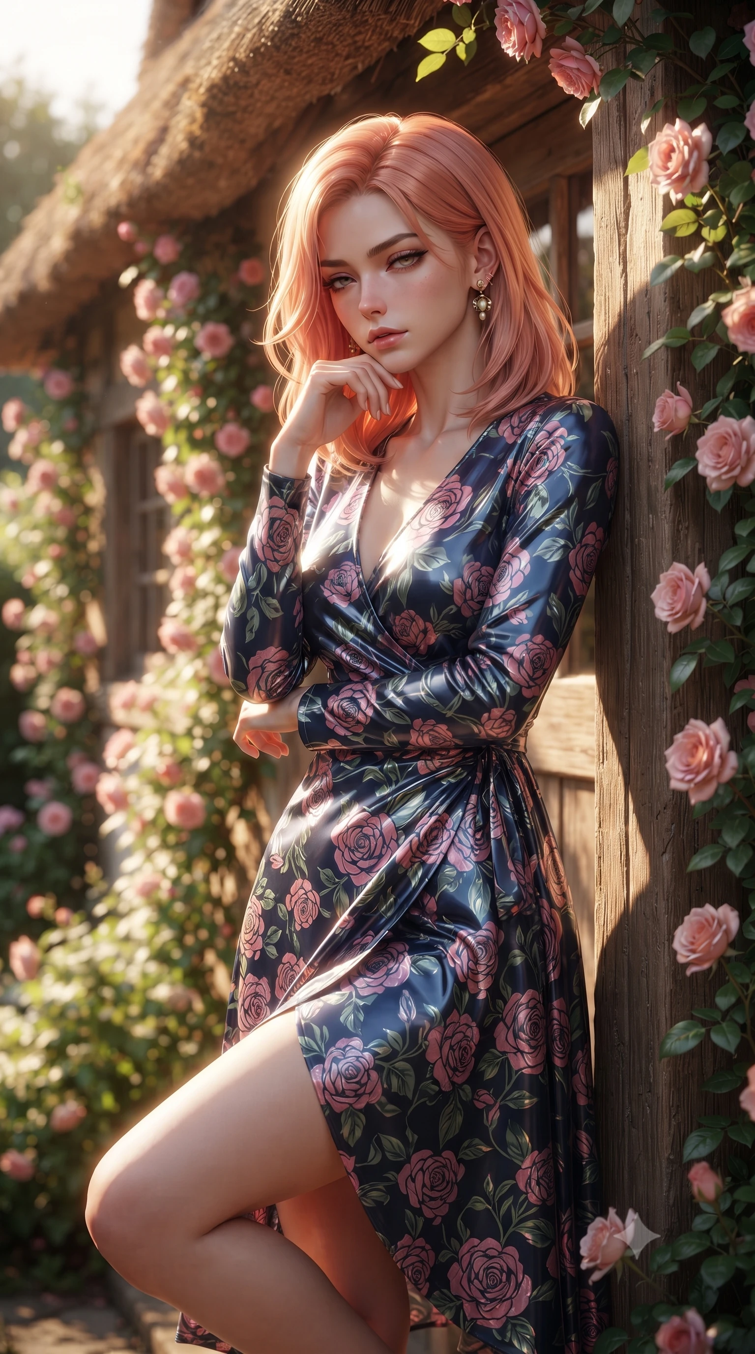 score_9, masterpiece, best quality, ultra-detailed, high-budget anime keyframe, editorial fashion photography, tasteful artistic composition, Japanese woman woman. close-up cowboy shot from the waist and thighs up, the character dominates the composition, filling the frame with her large presence, background elements kept in soft focus. resting her chin on the backs of her fingers, casting a heavy-lidded, sultry look past the camera the background shows a soft-focus the front porch of a charming thatched-roof cottage covered in climbing pink roses. She has an exceptionally elegant, slender, and willowy female figure with an ultra-slim waist, a gracefully sculpted slender torso, and a refined silhouette. sharp v-shaped jawline, high-bridge nose, intricate jewel-like eyes with depth, thick eyelashes, glossy lips with a natural sheen. wearing a form-contouring flowy floral-patterned wrap dress with long sleeves and a modest V-neck. warm morning sunbeams highlighting the rustic wooden door and flowers. ultra-reflective glossy finish, specular highlights, metallic sheen, high-contrast stereoscopic depth, volumetric dynamic lighting, 2k, ultra detail, master piece, 9:16 ratio