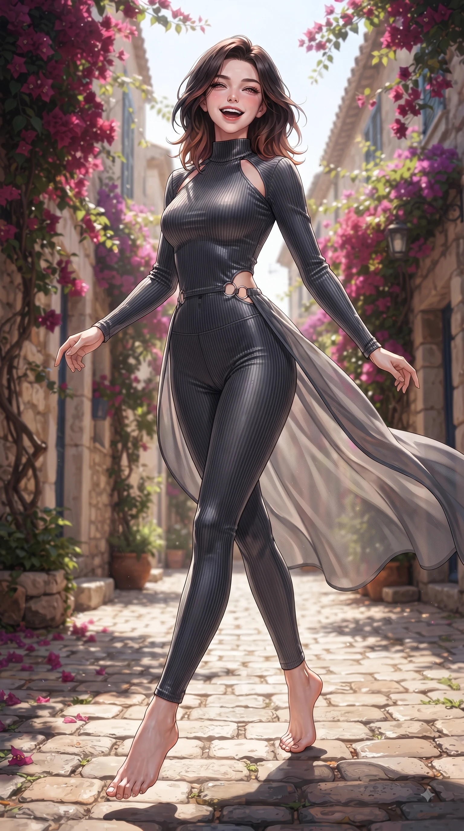 score_9, masterpiece, best quality, ultra-detailed, high-budget anime keyframe, editorial fashion photography, tasteful artistic composition, Korean woman. low angle full-body shot from head to toe showing her feet, filling the entire 9:16 vertical frame with her statuesque presence, stretching her vertical silhouette. pivoting dynamically in zero-gravity with a delighted laughing expression, displaying her perfect model proportions while pivoting in a graceful resort stride down a sunlit cobblestone alley surrounded by bougainvillea, fresh sea breezes swaying her lightweight resort gown into fluid, uplifting motions. She has an absolutely perfect, statuesque 8.5-heads proportion, an exceptionally tall and slender model-like female figure with impossibly long slender legs and an ultra-slim waist. sharp v-shaped jawline, high-bridge nose, intricate jewel-like eyes with depth, thick eyelashes, glossy lips with a natural sheen, flawlessly proportioned anatomical accuracy, natural body alignment, perfectly sculpted elegant limbs, clean dynamic posture without body distortion. wearing a form-fitting ribbed activewear set with elegant collar cutouts in charcoal grey and platinum, made of premium stretch velvet with a rich sheen, accented with delicate chrome ring hardware framing her waist, the glove-like fit emphasizing her statuesque silhouette during motion. bathed in bright white Mediterranean sunbeams and deep blue sky refractions. ultra-reflective glossy finish, specular highlights, metallic sheen, high-contrast stereoscopic depth, volumetric dynamic lighting, 2k, ultra detail, master piece, 9:16 ratio