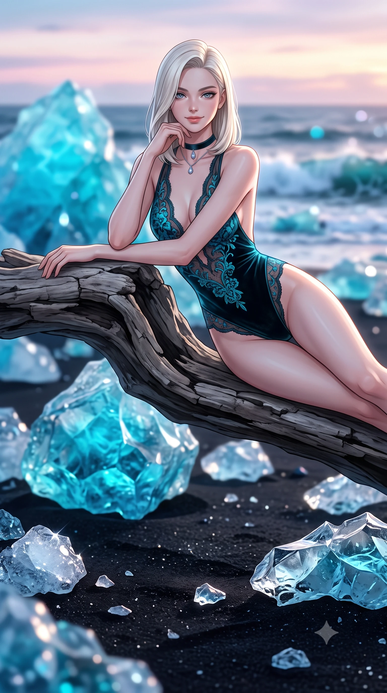 score_9, masterpiece, best quality, ultra-detailed, high-budget anime keyframe, editorial fashion photography, tasteful artistic composition, Caucasian woman. close-up cowboy shot from the waist and thighs up, the character dominates the composition, filling the frame with her large presence. resting one elbow on the table and supporting her chin, leaning close to the camera with heavy-lidded sparkling eyes and parted lips while reclining gracefully on the dry basalt driftwood bench propped on one elbow with legs extended, displaying her long slender limbs and statuesque hourglass silhouette. The background shows a soft-focus colossal gemstone-like blue and diamond icebergs scattered on black volcanic sand, crashing Atlantic surf, and pastel twilight sky blurred into diamond, cyan, and sapphire bokeh. She has an exceptionally elegant, slender, and willowy female figure with an ultra-slim waist, flat toned midriff, narrow ribcage, and sculpted feminine hips creating an alluring, slim hourglass silhouette without bulk. sharp v-shaped jawline, high-bridge nose, intricate jewel-like sparkling eyes with depth, thick eyelashes, glossy parted lips with a natural peach sheen, bright cheerful beaming smile with an enchanting and coquettish sensual glint, exuding both youthful cute charm and seductive allure, flawlessly proportioned anatomical accuracy, strict slender model proportions, natural body alignment, perfectly sculpted long slender limbs, ultra-slim waistline, clean dynamic posture without body distortion. wearing an alluring backless sheer lace leotard with high-cut leg openings and delicate floral embroidery framing her spine in Icelandic geothermal cyan and volcanic basalt obsidian, tailored from ultra-plush silk velvet with rich tactile depth and deep shadow gradients, finished with a thin velvet ribbon choker and a single teardrop diamond pendant, the second-skin tailored fabric adhering flawlessly to her sculpted flat midriff and slender torso, emphasizing her long leg lines and perfectly proportioned willowy build. illuminated by ice crystal specular refraction and sharp diamond-silver rim lights defining her dewy collarbones, ultra-slim waist, and curvy hips. ultra-reflective glossy finish, specular highlights, rich textural contrasts, high-contrast stereoscopic depth, volumetric dynamic lighting, 2k, ultra detail, master piece, 9:16 ratio
