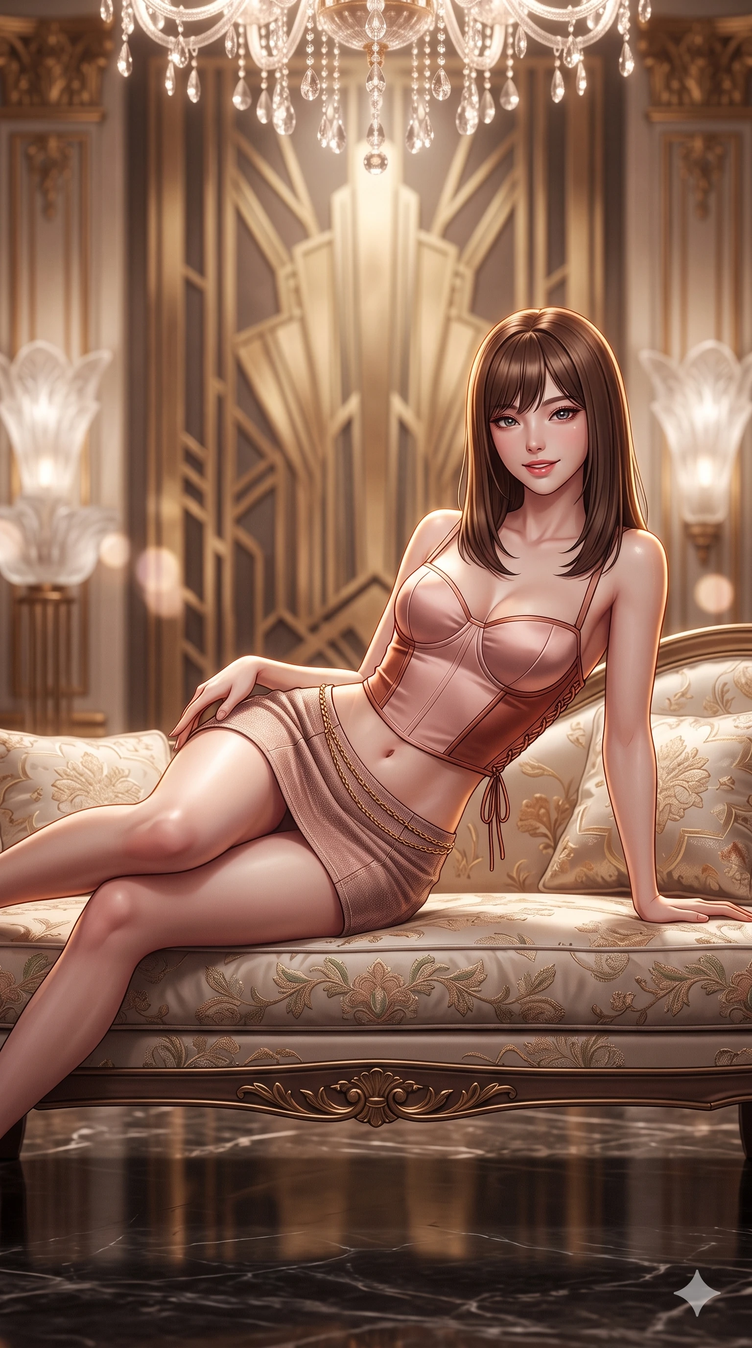 score_9, masterpiece, best quality, ultra-detailed, high-budget anime keyframe, semi-realistic 3D game render, editorial fashion photography, tasteful artistic composition, Korean woman. close-up cowboy shot from the waist and thighs up, the character dominates the composition, filling the frame with her large presence. arching her spine backward with effortless dancer poise, one hand sliding along her hip line as directional light carves specular highlights along her silhouette while lounging in an embroidered silk divan propped on one elbow with legs crossed, flashing an intoxicating smile with parted glossy lips as crystal chandeliers sparkle. The background shows a soft-focus towering geometric brass art deco murals, sculpted frosted Lalique glass fixtures, and antique gilded pilasters blurred into champagne, bronze, and cream bokeh. She has an exceptionally elegant, slender, and willowy female figure with an ultra-slim waist, flat toned midriff, narrow ribcage, and sculpted feminine hips creating an alluring, slim hourglass silhouette without bulk. sharp v-shaped jawline, high-bridge nose, intricate jewel-like sparkling eyes with depth, thick eyelashes, glossy parted lips with a natural sheen, intensely captivating and seductive bedroom-eyes expression, exuding both youthful cute charm and sovereign luxury allure, flawlessly proportioned anatomical accuracy, strict slender model proportions, natural body alignment, perfectly sculpted long slender limbs, ultra-slim waistline, clean dynamic posture without body distortion. wearing a sculpted matte satin underwire crop corset with lace-up side ties paired with a low-rise micro skirt in rose-quartz blush and burnished copper, woven from high-density tech-wool with subtle metallic thread weave, accented with a delicate gold chain belt resting loosely on her curvy hips, the form-contouring cut accentuating her sculpted flat midriff, narrow delicate ribcage, and gracefully curvy hips with intoxicating allure. illuminated by black marble floor reflections and sharp gold-amber rim lights sculpting her razor-sharp jawline, narrow waist, and curvy hips. highly saturated vibrant anime colors, detailed shading with soft gradients, rich glossy textures, high-contrast stereoscopic depth, volumetric dynamic lighting, master piece, 9:16 ratio