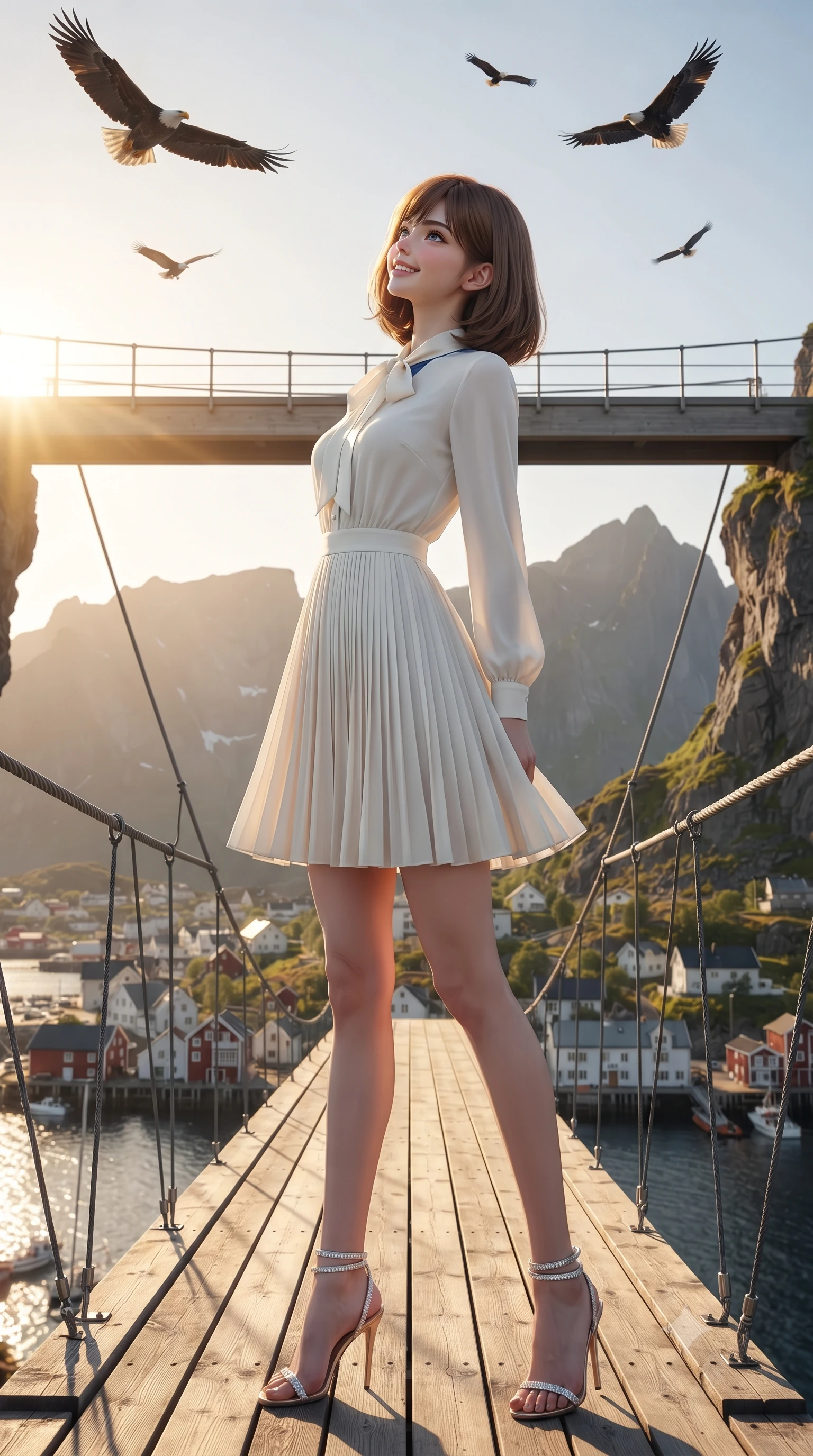 score_9, masterpiece, best quality, ultra-detailed, high-budget anime keyframe, editorial fashion photography, tasteful artistic composition, Caucasian woman. low angle full-body shot from head to toe showing her feet, filling the entire 9:16 vertical frame with her statuesque presence, stretching her vertical silhouette. sitting poised on the stone steps with one knee bent, arching her spine with supermodel elegance as she glances upward through thick eyelashes while standing poised on the suspended structural timber walkway high above the harbor town of Svolvær, arching her back with high-fashion ease as sea eagles soar overhead. The background shows a soft-focus gentle mountain breeze softened in clifftop architectural skybridge shallow focus. She has an exceptionally tall and slender model-like 8.5-heads proportion, an ultra-slim waist, a flat toned midriff, narrow delicate ribcage, and beautifully sculpted feminine hips creating a graceful, slim hourglass silhouette without any bulky heaviness, with impossibly long slender legs. sharp v-shaped jawline, high-bridge nose, intricate jewel-like sparkling eyes with depth, thick eyelashes, glossy parted lips with a natural peach sheen, bright cheerful beaming smile with an enchanting and coquettish sensual glint, exuding both youthful cute charm and seductive allure, flawlessly proportioned anatomical accuracy, strict slender model proportions, natural body alignment, perfectly sculpted long slender limbs, ultra-slim waistline, clean dynamic posture without body distortion. wearing a refined long-sleeve silk georgette tea dress with pleated A-line skirt and neck pussy-bow in Normandy Étretat alabaster chalk white and Atlantic cobalt, crafted from bespoke double-faced cashmere with an exceptionally soft tactile finish, complemented by strappy stiletto sandals with crystal ankle wraps accentuating her slender calves, the impeccably tailored cut draping gracefully along her slender figure with aristocratic poise. bathed in the brilliant golden 2800K low-angle midnight sun light washing horizontally across the peaks. ultra-reflective glossy finish, specular highlights, rich textural contrasts, high-contrast stereoscopic depth, volumetric dynamic lighting, 2k, ultra detail, master piece, 9:16 ratio