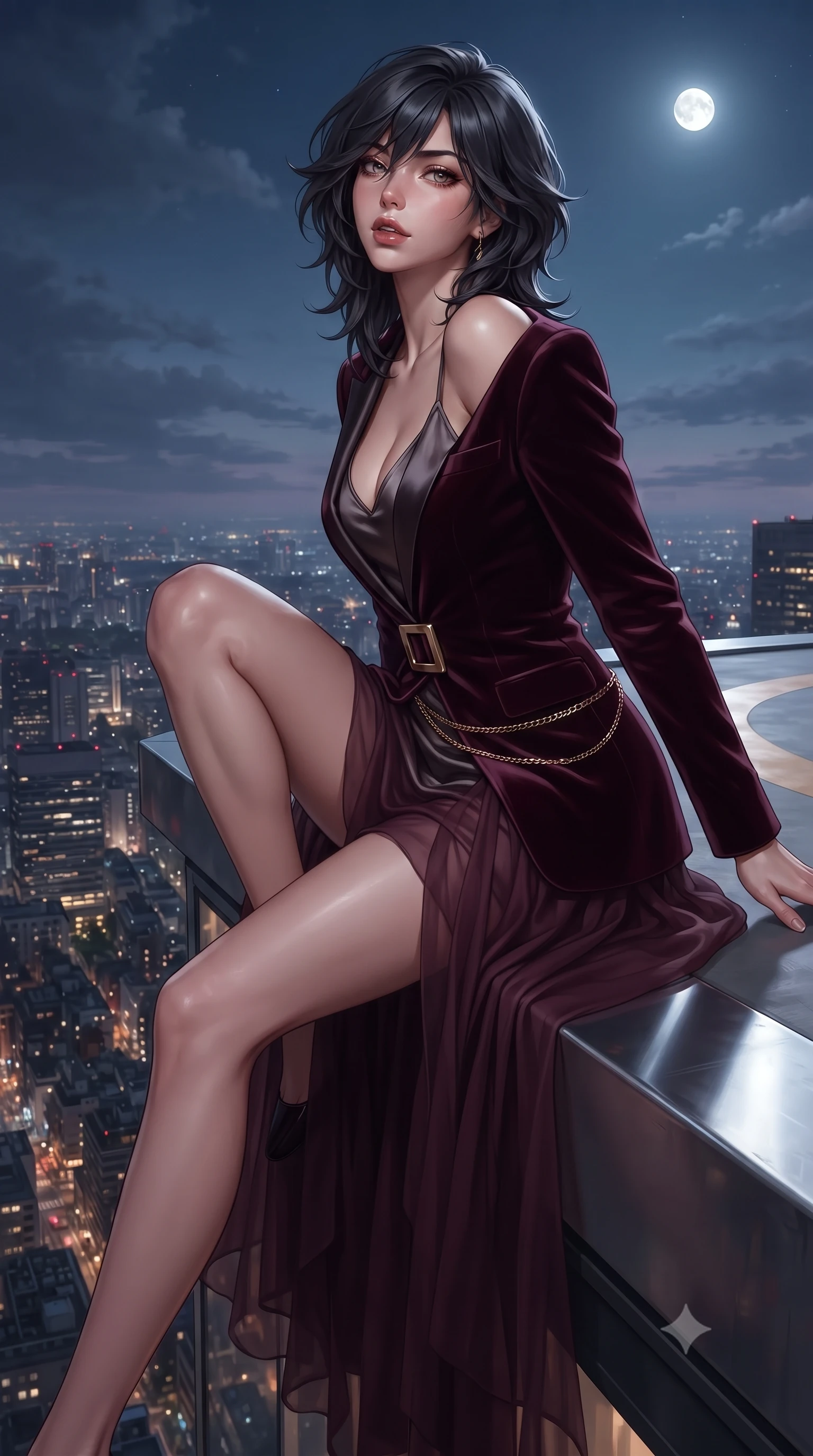 score_9, masterpiece, best quality, ultra-detailed, high-budget anime keyframe, editorial fashion photography, tasteful artistic composition, Caucasian woman. close-up cowboy shot from the waist and thighs up, the character dominates the composition, filling the frame with her large presence. posing in an alluring rear three-quarter angle, arching her lower back in a pronounced S-curve with one hand on her hip, glancing seductively over her bare shoulder with parted glossy lips while sitting perched on the raised helipad edge with one knee drawn up and long legs angled down, her narrow waist and curved hips sculpted by wind. The surrounding environment is rendered in vivid detail and crisp panoramic clarity. epic high-altitude urban chiaroscuro and raw high-fashion rooftop adrenaline rendered with precision. She has an exceptionally elegant, slender, and willowy female figure with an ultra-slim waist, flat toned midriff, narrow ribcage, and sculpted feminine hips creating an alluring, slim hourglass silhouette without bulk. sharp v-shaped jawline, high-bridge nose, intricate jewel-like eyes with depth, thick eyelashes, glossy parted lips with a natural sheen, intensely captivating and seductive bedroom-eyes expression, flawlessly proportioned anatomical accuracy, strict slender model proportions, natural body alignment, perfectly sculpted long slender limbs, ultra-slim waistline, clean dynamic posture without body distortion. wearing a tailored velvet tuxedo jacket dress with satin lapels, worn with a deep plunge neckline and gold hip buckle in deep wine burgundy and brushed dark platinum, woven from layered gossamer chiffon with a weightless sweeping drape, accented with a delicate gold chain belt resting loosely on her curvy hips, the glove-like aerodynamic silhouette tightly following the natural contour of her hips and long slender legs with statuesque 8.5-heads elegance. surrounded by an untouchable, daring, and wildly charismatic skyline empress aura. ultra-reflective glossy finish, specular highlights, rich textural contrasts, high-contrast stereoscopic depth, volumetric dynamic lighting, 2k, ultra detail, master piece, 9:16 ratio