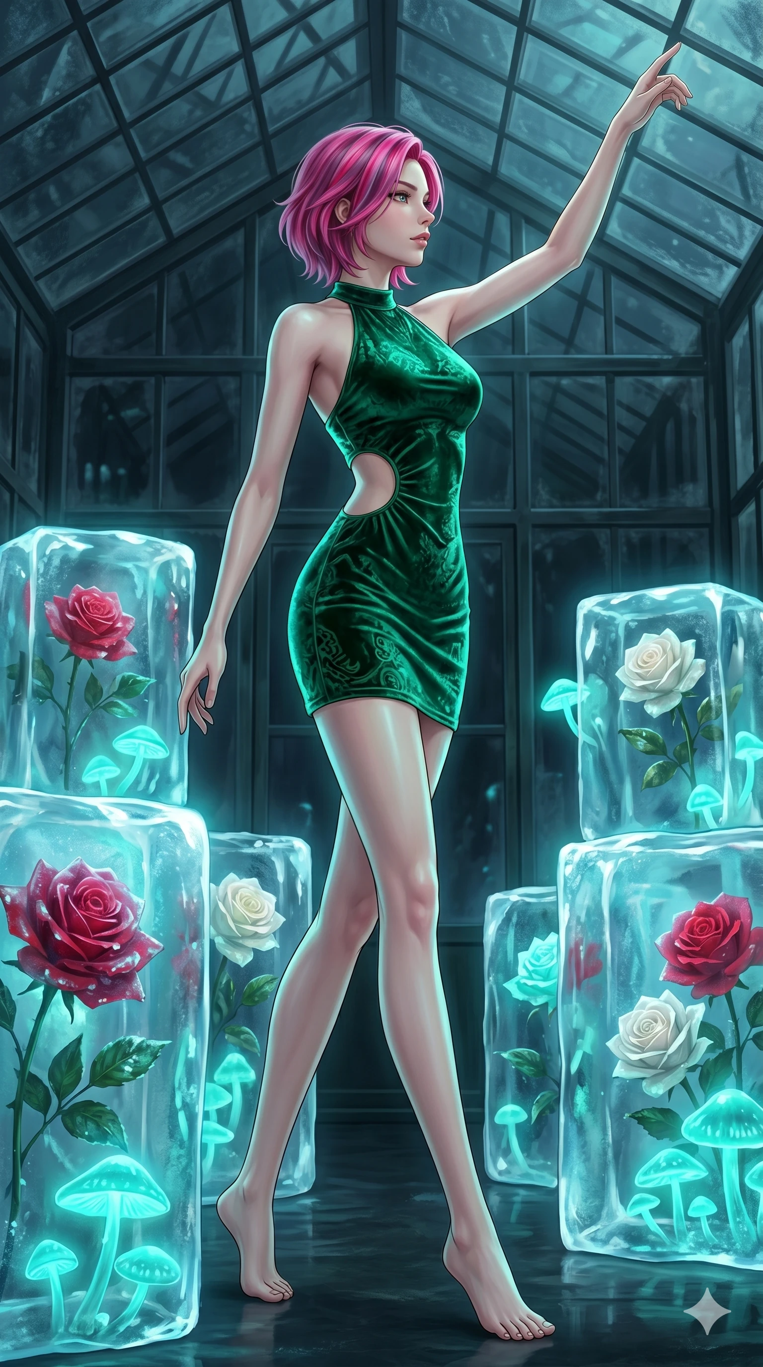 score_9, masterpiece, best quality, ultra-detailed, high-budget anime keyframe, editorial fashion photography, tasteful artistic composition, Caucasian woman, strictly human ears. low angle full-body shot from head to toe showing her feet, filling the entire 9:16 vertical frame with her statuesque presence, stretching her vertical silhouette. Gliding forward with one arm sweeping upward toward the sky inside a winter greenhouse where roses are frozen in blocks of glowing ice. She has an absolutely perfect 8-heads proportion, an exceptionally tall and slender female figure with impossibly long slender legs and an ultra-slim waist. V-shaped jawline, high-bridge nose, intricate jewel-like eyes with depth, thick eyelashes, glossy lips with a natural sheen. wearing an emerald green velvet mini dress with a halter neckline, featuring a single circular cutout at the left side of the waist. illuminated by soft aqua bioluminescent light that makes her skin luminously glow against the dark. 2k, ultra detail, master piece, 9:16 ratio