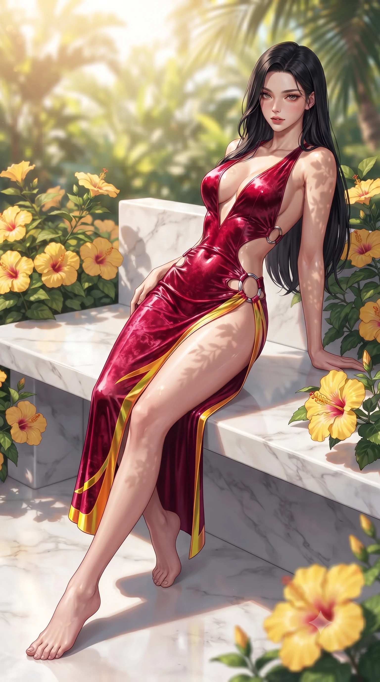 score_9, masterpiece, best quality, ultra-detailed, high-budget anime keyframe, editorial fashion photography, tasteful artistic composition, Korean woman. low angle full-body shot from head to toe showing her feet, filling the entire 9:16 vertical frame with her statuesque presence, stretching her vertical silhouette. arching her back in a fluid zero-gravity turn with sovereign grace, her long slender legs and sculpted torso creating a sweeping line while reclining along a polished marble bench surrounded by blooming yellow hibiscus with an alluring smoldering gaze. The composition keeps background elements in soft focus with creamy bokeh. sun-drenched tropical foliage scattering radiant light motes across a soft background. She has an absolutely perfect, statuesque 8.5-heads proportion, an exceptionally tall and slender model-like female figure with impossibly long slender legs, a toned flat midriff, and an ultra-slim waist. sharp v-shaped jawline, high-bridge nose, intricate jewel-like eyes with depth, thick eyelashes, glossy lips with a natural sheen, flawlessly proportioned anatomical accuracy, strict slender model proportions, natural body alignment, perfectly sculpted long slender limbs, ultra-slim waistline, clean dynamic posture without body distortion. wearing a backless crimson crushed velvet gown with a deep plunging V-neckline, strategic hip cutouts, and an ultra-high thigh slit in vibrant sunburst canary yellow and gold trim, crafted from ultra-reflective second-skin latex with a high-gloss glass-like polish, detailed with polished silver rings connecting the daring side-waist cutouts, the liquid-tight tailored fabric emphasizing every curve of her tall, slender model proportions and sculptured silhouette during dynamic movement. illuminated by fresh botanical ambient radiance with organic leaf-shadow stencils on her skin. ultra-reflective glossy finish, specular highlights, metallic sheen, high-contrast stereoscopic depth, volumetric dynamic lighting, 2k, ultra detail, master piece, 9:16 ratio