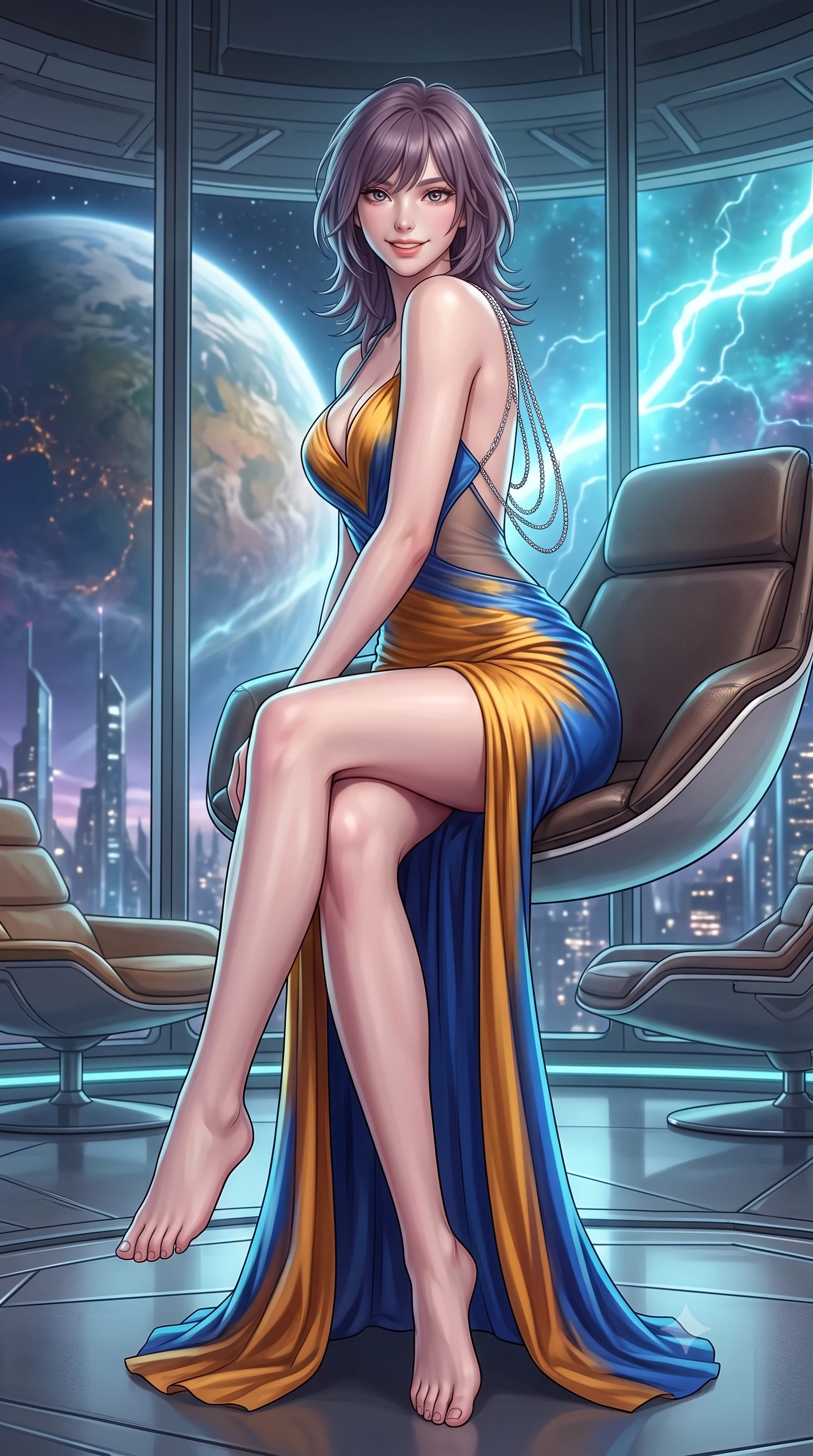 score_9, masterpiece, best quality, ultra-detailed, high-budget anime keyframe, semi-realistic 3D game render, editorial fashion photography, tasteful artistic composition, Japanese woman. low angle full-body shot from head to toe showing her feet, filling the entire 9:16 vertical frame with her statuesque presence, stretching her vertical silhouette. posing in a classic haute-couture S-curve stance beside the floor-to-ceiling window, looking over a bare shoulder with magnetic presence while sitting gracefully on the floating antigravity lounge with legs crossed, flashing a radiant, playful smile with parted glossy lips. The surrounding environment is rendered in vivid detail and crisp panoramic clarity: detailed garment styling, vibrant anime shading, and monumental planetary scale in high resolution. She has an exceptionally tall and slender model-like 8.5-heads proportion, an ultra-slim waist, a flat toned midriff, narrow delicate ribcage, and beautifully sculpted feminine hips creating a graceful, slim hourglass silhouette without any bulky heaviness, with impossibly long slender legs. sharp v-shaped jawline, high-bridge nose, intricate jewel-like sparkling eyes with depth, thick eyelashes, glossy parted lips with a natural peach sheen, bright cheerful beaming smile with an enchanting and coquettish sensual glint, exuding both youthful cute charm and seductive allure, flawlessly proportioned anatomical accuracy, strict slender model proportions, natural body alignment, perfectly sculpted long slender limbs, ultra-slim waistline, clean dynamic posture without body distortion. wearing an alluring plunging sweetheart bodice dress with sheer mesh side-waist cutouts contouring her ribs in Jovian amber and electric storm cobalt, made of fluid liquid jersey with seamless sculpting hold and smooth contours, accented with an open-back drape framed by falling strands of delicate chrome chains, the second-skin tailored fabric adhering flawlessly to her sculpted flat midriff and slender torso, emphasizing her long leg lines and perfectly proportioned willowy build. illuminated by deck reflection bounce and sharp cyan-white lightning rim lights defining her jawline, narrow waist, and curvy hips. highly saturated vibrant anime colors, detailed shading with soft gradients, rich glossy textures, high-contrast stereoscopic depth, volumetric dynamic lighting, master piece, 9:16 ratio