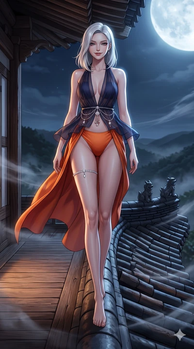 Korean woman. low angle full-body shot from head to toe showing her feet, fil.