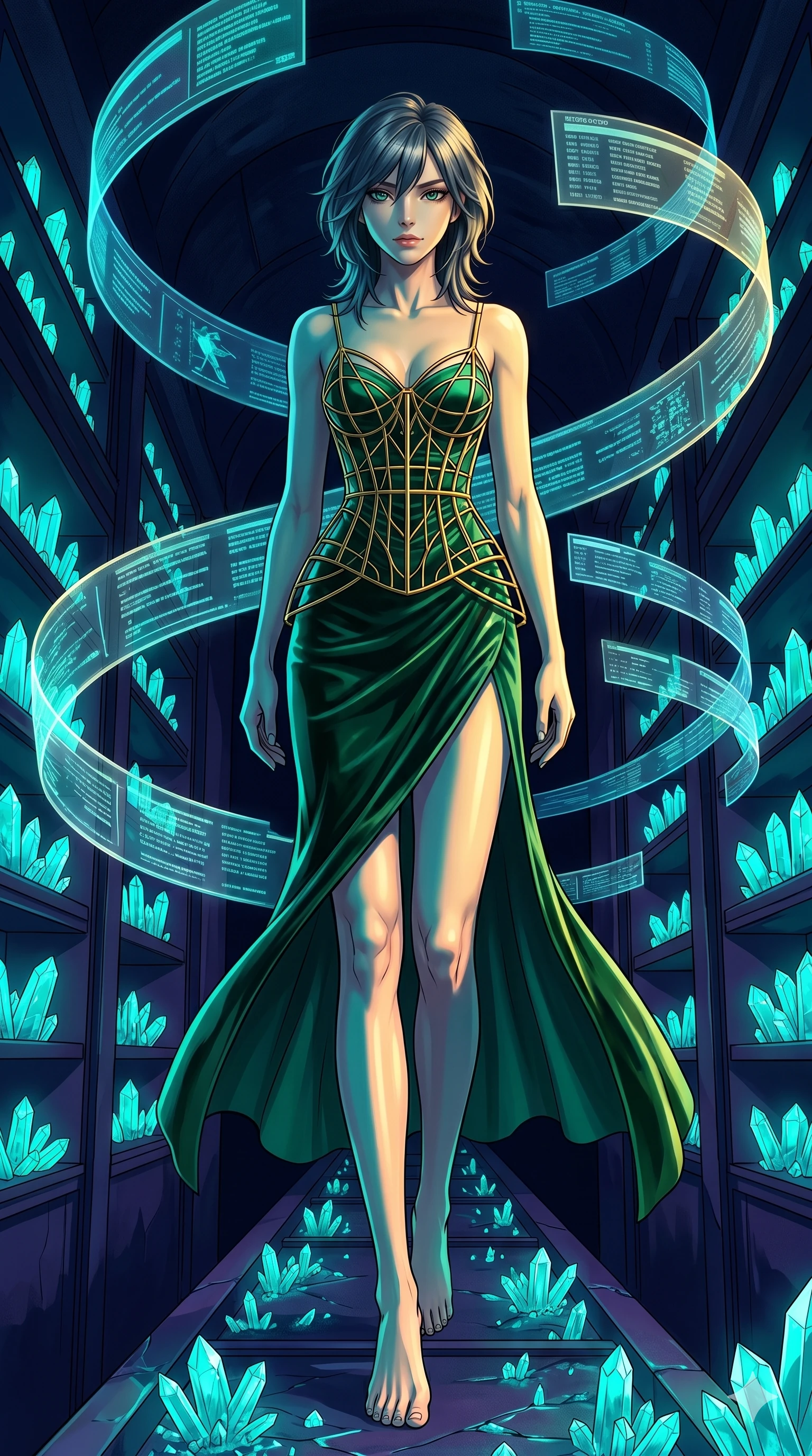 score_9, masterpiece, best quality, ultra-detailed, high-budget anime keyframe, editorial fashion photography, tasteful artistic composition, Caucasian woman, strictly human ears. low angle full-body shot from head to toe showing her feet, filling the entire 9:16 vertical frame with her statuesque presence, stretching her vertical silhouette. descending from inside a cybernetic catacomb filled with glowing turquoise data crystals as floating holographic data ribbons swirl in a graceful orbit. She has an absolutely perfect 8-heads proportion, an exceptionally tall and slender female figure with impossibly long slender legs and an ultra-slim waist. V-shaped jawline, high-bridge nose, intricate jewel-like eyes with depth, thick eyelashes, glossy lips with a natural sheen.. wearing a mathematical gold wire cage corset and an emerald green silk velvet slip dress with an asymmetric elegant knee-high side slit. accented by dynamic color-blocked lighting with high-contrast shadows emphasizing her statuesque height. 2k, ultra detail, master piece, 9:16 ratio