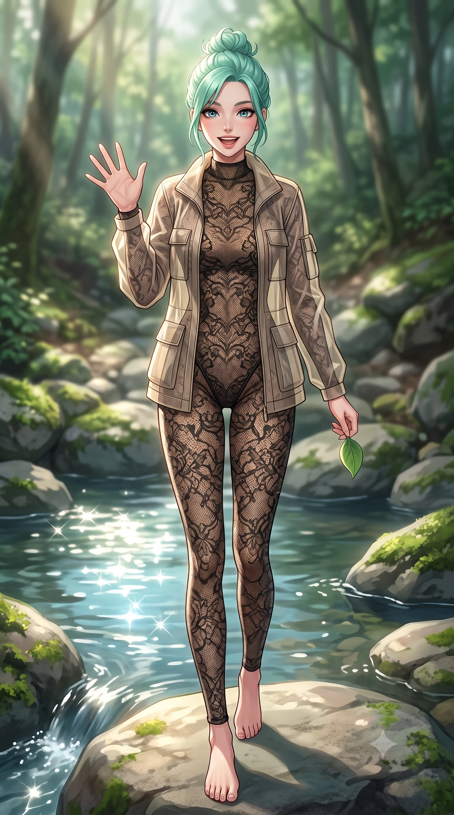 score_9, masterpiece, best quality, ultra-detailed, high-budget anime keyframe, editorial fashion photography, tasteful artistic composition, Japanese woman. low angle full-body shot from head to toe showing her feet, filling the entire 9:16 vertical frame with her statuesque presence, stretching her vertical silhouette. stepping forward with a bright, cheerful smile, waving happily at the viewer set against a soft-focus background of on a smooth stone next to a quiet forest creek pool surrounded by mossy rocks holding a smooth green leaf with a happy, refreshed expression. She has an absolutely perfect, statuesque 8.5-heads proportion, an exceptionally tall and slender model-like female figure with impossibly long slender legs and an ultra-slim waist. sharp v-shaped jawline, high-bridge nose, intricate jewel-like eyes with depth, thick eyelashes, glossy lips with a natural sheen. wearing slim-fit sleek bodysuit featuring fine dark lace pattern details and a sheer utility jacket. bright morning sun rays creating sparkling glints on the moving stream. highly saturated vibrant anime colors, detailed shading with soft gradients, rich glossy textures, high-contrast stereoscopic depth, volumetric dynamic lighting, master piece, 9:16 ratio
