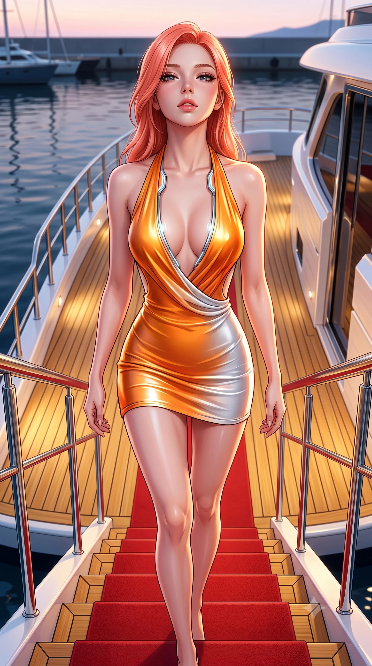 score_9, masterpiece, best quality, ultra-detailed, high-budget anime keyframe, semi-realistic 3D game render, editorial fashion photography, tasteful artistic composition, Japanese woman. close-up cowboy shot from the waist and thighs up, the character dominates the composition, filling the frame with her large presence. tilting her head back with a sensual alluring expression, exposing her throat and shoulders to the camera with heavy lashes and softly parted glossy lips while stepping gracefully down the teak yacht stairway onto a red carpet runway under glowing twilight skies. The surrounding environment is rendered in vivid detail and crisp panoramic clarity. detailed golden teak deck planks, polished chrome yacht railings, and harbor water reflections in deep focus. She has an exceptionally elegant, slender, and willowy female figure with an ultra-slim waist, a gracefully sculpted slender torso, toned flat midriff, and a refined slim silhouette. sharp v-shaped jawline, high-bridge nose, intricate jewel-like eyes with depth, thick eyelashes, glossy lips with a natural sheen, flawlessly proportioned anatomical accuracy, strict slender model proportions, natural body alignment, perfectly sculpted long slender limbs, ultra-slim waistline, clean dynamic posture without body distortion. wearing a form-contouring liquid satin halter-neck mini dress with a deep crossover cowl front, open back, and ultra-slender waist drape in vivid sunset amber orange and cloud white, made of liquid metal jersey that clings flawlessly to every contour of her build, featuring a dangerously unzipped neckline framed by glowing cybernetic accents, the liquid-tight tailored fabric emphasizing every curve of her tall, slender model proportions and sculptured silhouette during dynamic movement. illuminated by soft yacht ambient lighting and crisp specular highlights tracing her slender curves. highly saturated vibrant anime colors, detailed shading with soft gradients, rich glossy textures, high-contrast stereoscopic depth, volumetric dynamic lighting, master piece, 9:16 ratio