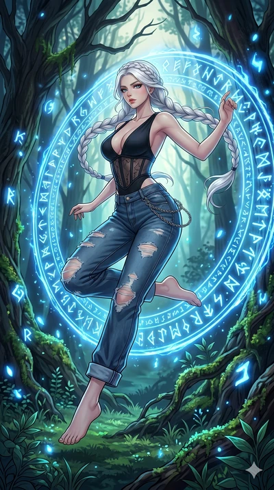 score_9, masterpiece, best quality, ultra-detailed, Set C: High-budget Anime Keyframe, Korean woman. Low angle cowboy shot filling the entire 9:16 frame with her statuesque presence. Leaping through a ring of glowing runes in an ancient forest. She h