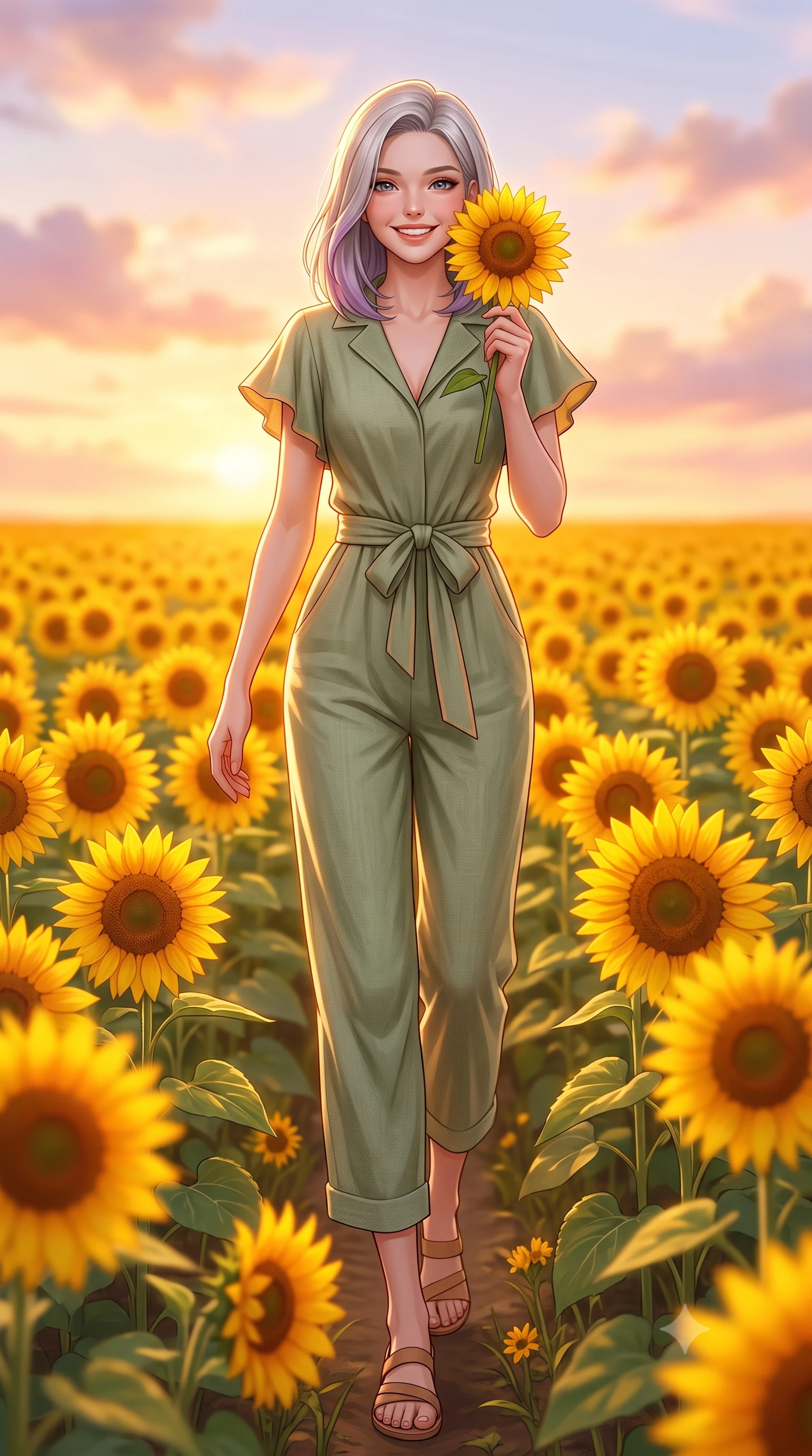 score_9, masterpiece, best quality, ultra-detailed, high-budget anime keyframe, semi-realistic 3D game render, editorial fashion photography, tasteful artistic composition, Caucasian woman. low angle full-body shot from head to toe showing her feet, filling the entire 9:16 vertical frame with her statuesque presence, stretching her vertical silhouette. walking forward in a cheerful, dynamic stride with a radiant beaming smile, her statuesque silhouette filling the frame while standing immersed in a vast sea of vibrant yellow sunflowers, holding one bloom close to her cheek with a dazzling smile. The composition keeps background elements in soft focus with creamy bokeh. endless yellow sunflower faces and pastel sunset clouds blurred into rich amber, honey-gold, and peach bokeh. She has an absolutely perfect, statuesque 8.5-heads proportion, an exceptionally tall and slender model-like female figure with impossibly long slender legs, a toned flat midriff, and an ultra-slim waist. sharp v-shaped jawline, high-bridge nose, intricate jewel-like eyes with depth, thick eyelashes, glossy lips with a natural sheen, pure and lovely fresh girlhood expression, flawlessly proportioned anatomical accuracy, strict slender model proportions, natural body alignment, perfectly sculpted long slender limbs, ultra-slim waistline, clean dynamic posture without body distortion. wearing a relaxed sage green linen jumpsuit with a tied waist sash and folded collar in warm apricot and sage green, tailored from soft pastel lightweight wool blend with subtle texture, featuring elegant flutter sleeves and a graceful open collar, the relaxed yet flattering fit accentuating her naturally graceful and slender figure, highlighting her youthful charm and lovely silhouette. bathed in gorgeous warm golden hour sunset backlighting creating a glowing rim light along her hair and figure. highly saturated vibrant anime colors, detailed shading with soft gradients, rich glossy textures, high-contrast stereoscopic depth, volumetric dynamic lighting, master piece, 9:16 ratio