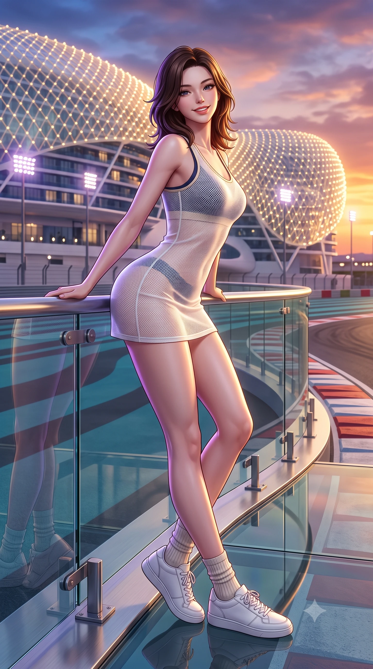 score_9, masterpiece, best quality, ultra-detailed, high-budget anime keyframe, semi-realistic 3D game render, editorial fashion photography, tasteful artistic composition, Korean woman. low angle full-body shot from head to toe showing her feet, filling the entire 9:16 vertical frame with her statuesque presence, stretching her vertical silhouette. leaning deep against the pit lane barrier with hips cocked back in an unapologetically alluring high-fashion stance, flashing a warm beaming smile while standing poised on the glass-walled VIP rooftop terrace as the sun sets over the futuristic illuminated grid shell hotel, arching her back with majesty. The surrounding environment is rendered in vivid detail and crisp panoramic clarity: sharp glass parapet bevels, brushed aluminum deck fittings, and racetrack curbing texture in deep focus. She has an absolutely perfect, statuesque 8.5-heads proportion, an exceptionally tall and slender model-like female figure with impossibly long slender legs, an ultra-slim waist, a flat toned midriff, narrow delicate ribcage, and beautifully sculpted feminine hips creating a graceful, slim hourglass silhouette without any bulky heaviness. sharp v-shaped jawline, high-bridge nose, sparkling eyes with athletic focus and depth, thick curled eyelashes, glossy parted lips with a natural coral-peach sheen, bright confident and coquettish smile with alluring bedroom-eyes, exuding both youthful sporty vigor and sovereign high-society glamour, flawlessly proportioned anatomical accuracy, strict slender model proportions, natural body alignment, perfectly sculpted long slender limbs, ultra-slim waistline, clean dynamic posture without body distortion. wearing a delicate semi-sheer white mesh tennis slip dress layered over a matching sports bra, hugging her slender waist and hips in Monaco navy blue and cream champagne gold, made of second-skin technical compression piqué knit with moisture-wicking stretch, complemented by ribbed knit crew socks and clean white designer court sneakers, the liquid-tight tailored fabric clinging flawlessly to her narrow waist and rounded feminine hips, emphasizing every millimeter of her sculpted slim hourglass curves without any bulky heaviness. illuminated by track floodlight bounce and sharp violet-gold rim lights sculpting her razor-sharp jawline, narrow waist, and curvy hips. highly saturated vibrant anime colors, detailed shading with soft gradients, rich glossy textures, high-contrast stereoscopic depth, volumetric dynamic lighting, master piece, 9:16 ratio