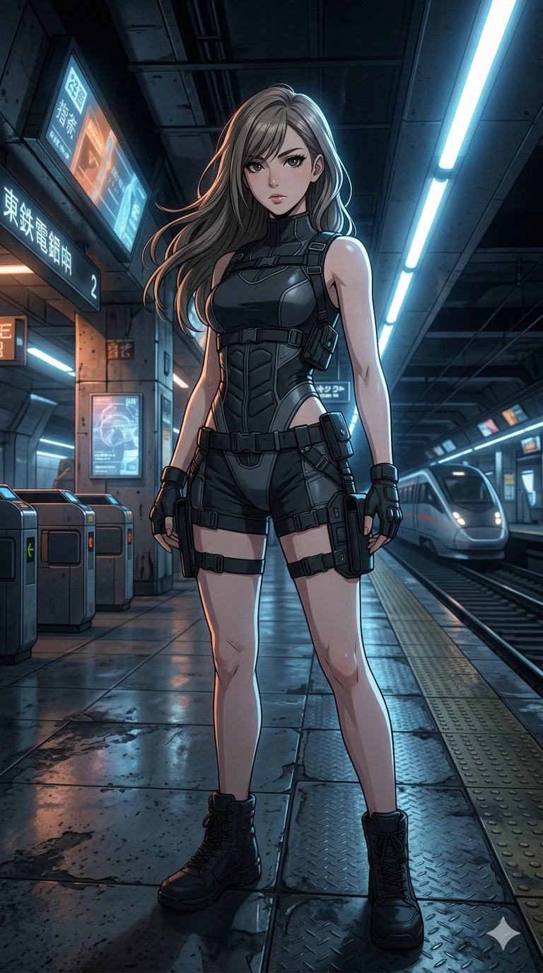 score_9, masterpiece, best quality, ultra-detailed, semi-realistic high-budget anime keyframe, an incredibly beautiful Japanese woman. Low angle cowboy shot filling the frame. She has an absolutely cute and compact proportion, an petite female figure with a slim-fit toned body. Her face is a highly detailed masterpiece featuring a v-shaped jawline, high-bridge nose, intricate jewel-like eyes, thick eyelashes, and glossy lips. She has ash brown flowing hair. She is wearing a alluring high-cut tech-wear leotard with multiple tactical straps, bare thighs, highlighting her alluring silhouette. Sci-fi subway station, cinematic shadows, dramatic rim lighting, cinematic shadows, 2k, ultra detail, master piece, 9:16 ratio