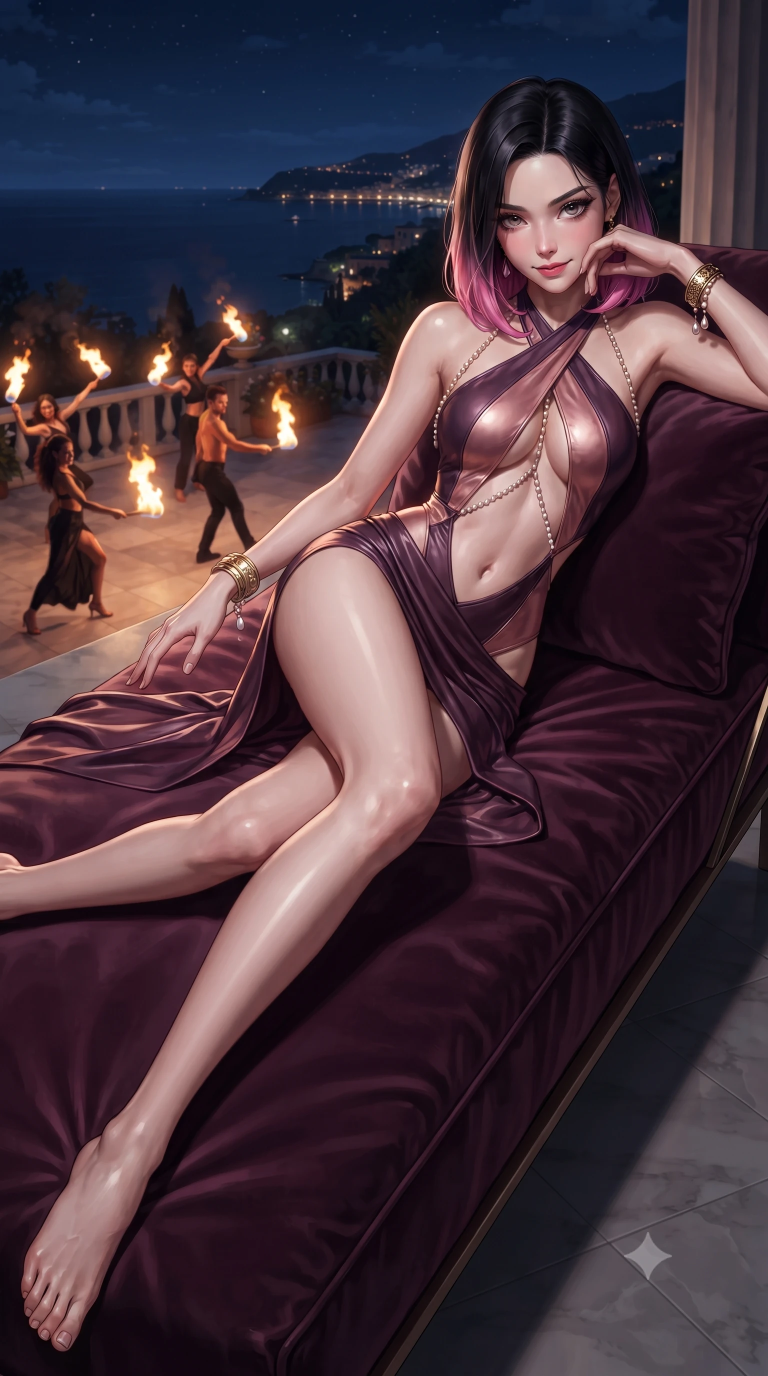 score_9, masterpiece, best quality, ultra-detailed, high-budget anime keyframe, editorial fashion photography, tasteful artistic composition, Korean woman. low angle full-body shot from head to toe showing her feet, filling the entire 9:16 vertical frame with her statuesque presence, stretching her vertical silhouette. reclining gracefully across the plush chaise lounge with one leg extended, her sculpted silhouette and flat midriff radiating magnetic nocturnal glamour while twisting her slender torso in an alluring S-curve, dancing natural gas flames and coastal night breezes sculpting highlights on her curves. The surrounding environment is rendered in vivid detail and crisp panoramic clarity: detailed form-contouring wet-look vinyl slip dress cling, gold bangle shine, and modernist Italian villa craft in razor-sharp precision. She has an absolutely perfect, statuesque 8.5-heads proportion, an exceptionally tall and slender model-like female figure with impossibly long slender legs, an ultra-slim waist, a flat toned midriff, narrow delicate ribcage, and beautifully sculpted feminine hips creating a graceful, slim hourglass silhouette without any bulky heaviness. sharp v-shaped jawline, high-bridge nose, sparkling eyes with hypnotic seductive depth, thick curled eyelashes, glossy parted lips with a natural dewy peach sheen, alluring bedroom-eyes with an enchanting coquettish smile, exuding magnetic siren charisma and sophisticated glamour, flawlessly proportioned anatomical accuracy, strict slender model proportions, natural body alignment, perfectly sculpted long slender limbs, ultra-slim waistline, clean dynamic posture without body distortion. wearing a criss-cross halterneck keyhole bodysuit with open back and sculpted waist darts in deep plum violet and rose gold, woven from buttery-soft stretch lambskin leather adhering to her body like a second skin, accented with a pearl-drop body harness subtly framing her dewy collarbones and spine, the precision-cut side openings and low-back scoop framing her graceful spine and the sensual sweep of her slim, toned hips. illuminated by polished terrace reflection bounce and sharp flame-gold rim lights defining her jawline, flat midriff, and voluptuous hip curves. ultra-reflective glossy finish, specular highlights, rich textural contrasts, high-contrast stereoscopic depth, volumetric dynamic lighting, 2k, ultra detail, master piece, 9:16 ratio