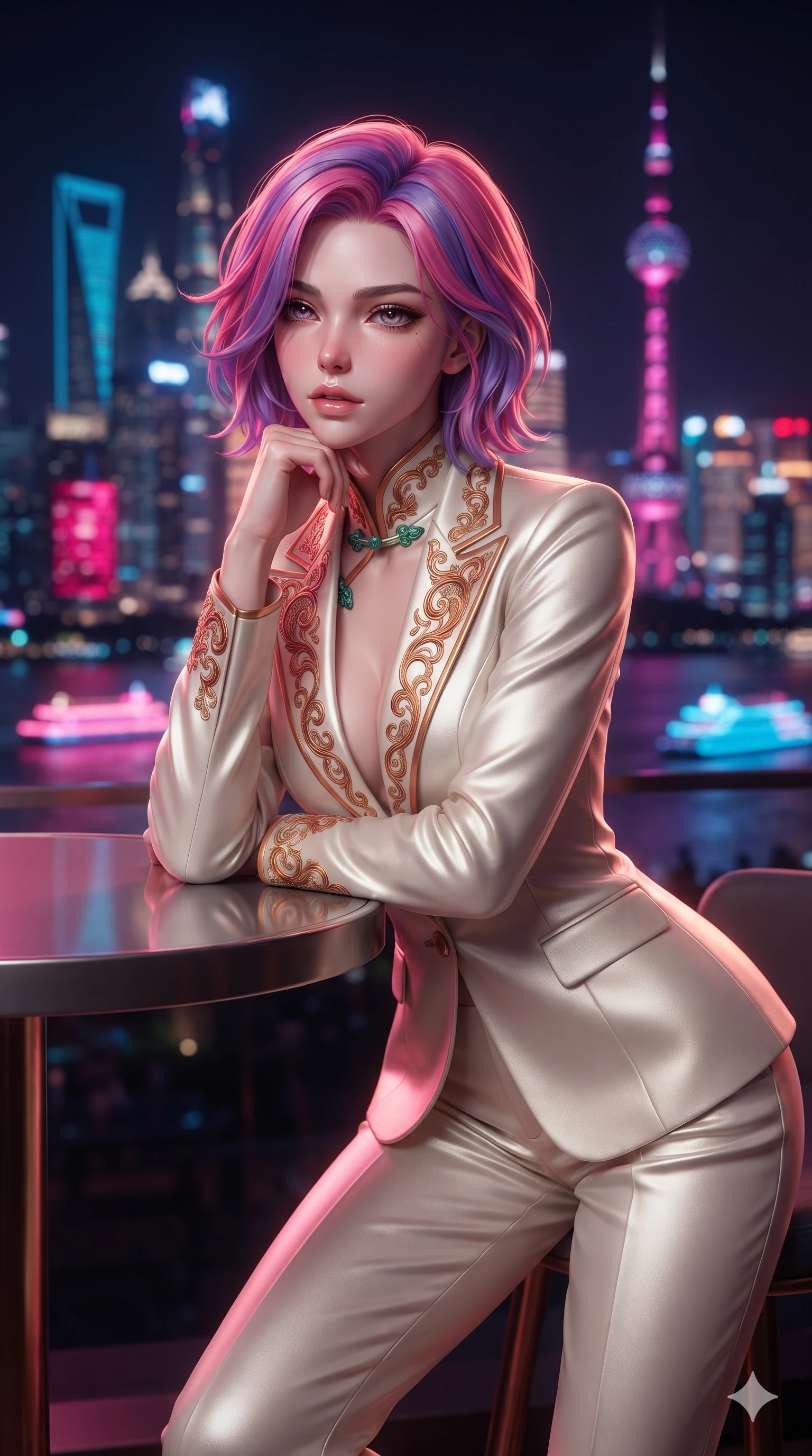 score_9, masterpiece, best quality, ultra-detailed, high-budget anime keyframe, editorial fashion photography, tasteful artistic composition, Caucasian woman. close-up cowboy shot from the waist and thighs up, the character dominates the composition, filling the frame with her large presence. resting one elbow on the table and supporting her chin, leaning close to the camera with heavy-lidded sparkling eyes and parted lips while twisting her slender torso in a deep contrapposto stance, hips dramatically shifted to accentuate her feminine curves while looking past her shoulder with smoldering bedroom-eyes. The background shows a soft-focus blazing neon spires of Pudong, glowing boat trails on the Huangpu River, and towering Oriental Pearl tower reflections blurred into magenta, electric cyan, and deep obsidian bokeh. She has an exceptionally elegant, slender, and willowy female figure with an ultra-slim waist, flat toned midriff, narrow ribcage, and sculpted feminine hips creating an alluring, slim hourglass silhouette without bulk. sharp v-shaped jawline, high-bridge nose, intricate jewel-like sparkling eyes with depth, thick eyelashes, glossy parted lips with a natural sheen, intensely captivating and seductive bedroom-eyes expression, exuding both youthful cute charm and sovereign luxury allure, flawlessly proportioned anatomical accuracy, strict slender model proportions, natural body alignment, perfectly sculpted long slender limbs, ultra-slim waistline, clean dynamic posture without body distortion. wearing a bespoke Venetian tailored pantsuit in liquid ivory silk with golden filigree embroidery tracing the lapels in rich copper bronze and warm amber, crafted from luxurious metallic lamé that shifts radiance with every step, finished with sleek jade frog closures glinting along her high collar, the bespoke structured tailoring following the natural line of her 8.5-heads silhouette with refined elegance. bathed in vibrant magenta and electric cyan river skyline reflections contrasting with warm amber interior downlights. ultra-reflective glossy finish, specular highlights, rich textural contrasts, high-contrast stereoscopic depth, volumetric dynamic lighting, 2k, ultra detail, master piece, 9:16 ratio