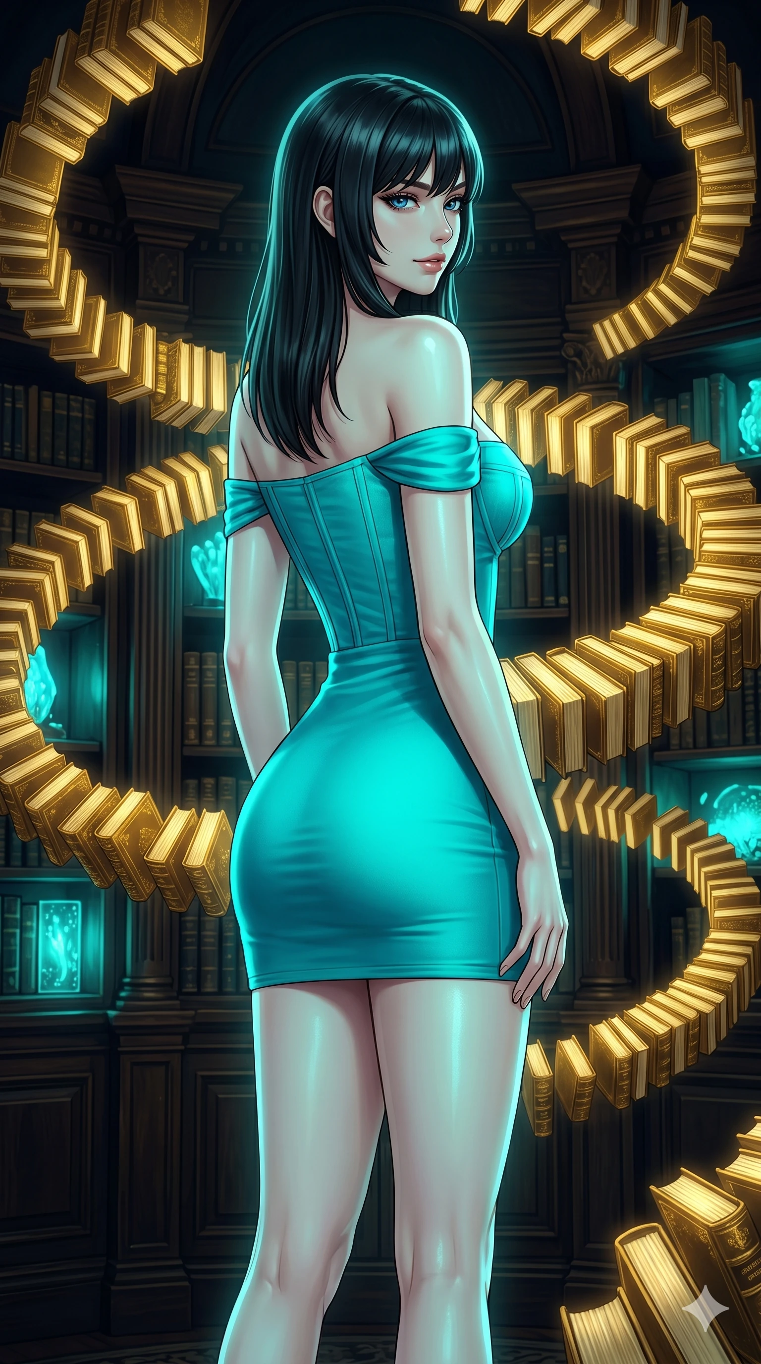 score_9, masterpiece, best quality, ultra-detailed, high-budget anime keyframe, editorial fashion photography, tasteful artistic composition, Caucasian woman, strictly human ears. cowboy shot from the thighs up, character and outfit filling the frame for maximum editorial presence. Glancing sidelong over her shoulder with a smoldering half-smile amidst a baroque library where glowing golden books orbit in slow spiral patterns. She has an absolutely perfect 8-heads proportion, an exceptionally tall and slender female figure with impossibly long slender legs and an ultra-slim waist. V-shaped jawline, high-bridge nose, intricate jewel-like eyes with depth, thick eyelashes, glossy lips with a natural sheen. wearing a bold off-shoulder fitted mini dress in vivid electric teal with structured boning at the chest, a form-contouring body, and a daring elevated hemline at upper-thigh. illuminated by soft aqua bioluminescent light that makes her skin luminously glow against the dark. 2k, ultra detail, master piece, 9:16 ratio