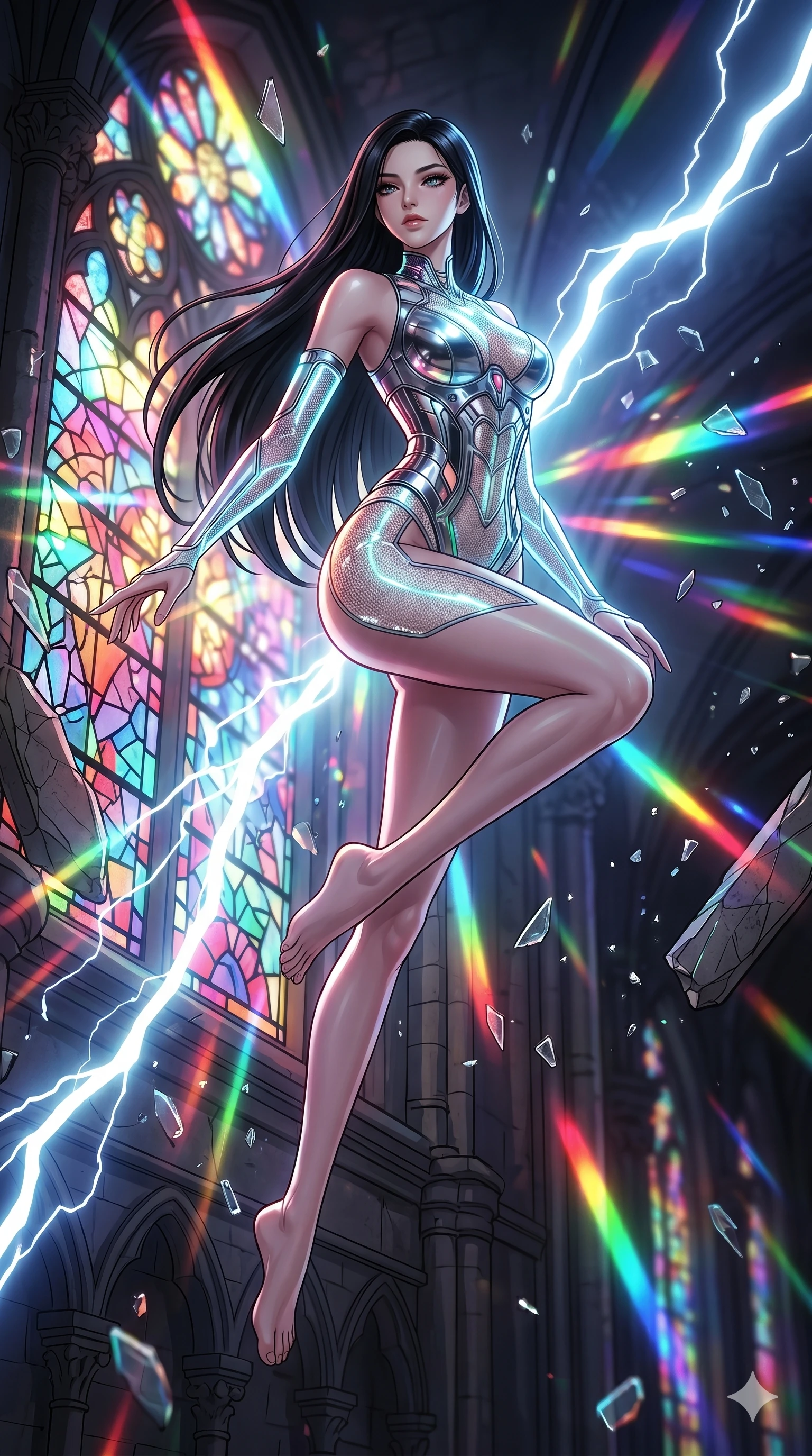 score_9, masterpiece, best quality, ultra-detailed, high-budget anime movie keyframe, cinematic anime lighting, intricate line art, Korean anime girl. Low angle cowboy shot filling the entire 9:16 frame with her statuesque presence. leaping gracefully in a shattered stained glass cathedral with lightning lasers. She has an absolutely perfect 8-heads proportion, an exceptionally tall and slender female figure with an ultra-slim waist and impossibly long slender legs. sharp v-shaped jawline, high-bridge nose, intricate jewel-like eyes, thick eyelashes, glossy lips. Wearing asymmetrical high-cut tech-bodysuit with detached glowing sleeves, chrome-plated mechanical corset, and bioluminescent mesh panels clinging to her slender figure. The scene is illuminated by dramatic atmospheric lighting and vibrant color palettes. 2k, ultra detail, master piece, 9:16 ratio