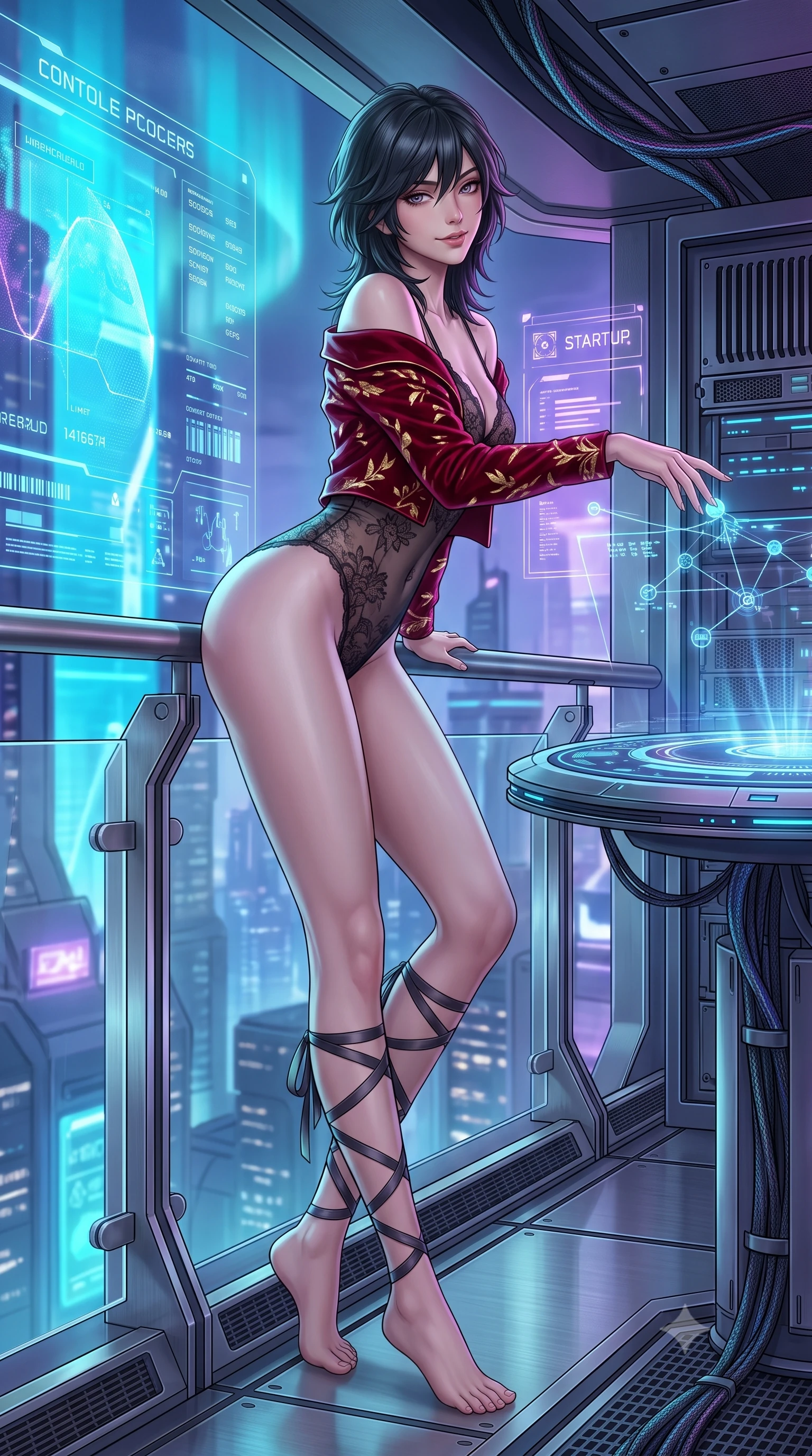 score_9, masterpiece, best quality, ultra-detailed, high-budget anime keyframe, semi-realistic 3D game render, editorial fashion photography, tasteful artistic composition, Caucasian woman. low angle full-body shot from head to toe showing her feet, filling the entire 9:16 vertical frame with her statuesque presence, stretching her vertical silhouette. leaning deep against the balcony balustrade with hips cocked back in an unapologetically alluring high-fashion stance, casting an intoxicating glance while leaning over the circular holographic console table while arching her lower back to accentuate her curvy hips, analyzing floating data nodes. The surrounding environment is rendered in vivid detail and crisp panoramic clarity: sharp holographic UI typography, server rack heat sink grilles, and braided fiber-optic cable textures in deep focus. She has an absolutely perfect, statuesque 8.5-heads proportion, an exceptionally tall and slender model-like female figure with impossibly long slender legs, an ultra-slim waist, a flat toned midriff, narrow delicate ribcage, and beautifully sculpted feminine hips creating a graceful, slim hourglass silhouette without any bulky heaviness. sharp v-shaped jawline, high-bridge nose, sparkling eyes with hypnotic seductive depth, thick curled eyelashes, glossy parted lips with a natural dewy peach sheen, alluring bedroom-eyes with an enchanting coquettish smile, exuding magnetic siren charisma and sophisticated glamour, flawlessly proportioned anatomical accuracy, strict slender model proportions, natural body alignment, perfectly sculpted long slender limbs, ultra-slim waistline, clean dynamic posture without body distortion. wearing a delicate sheer floral lace dancer teddy layered under an open tailored velvet bolero draped over bare shoulders in royal opera house crimson velvet and shimmering gold leaf, made of semi-opaque stretch illusion mesh with soft shadowy contours, finished with delicate satin ballet ribbon ties criss-crossing up her slender calves to the knee, the high-slit wrap tailoring accentuating her ultra-slim waistline and the enchanting curve of her feminine hips with alluring seductive charm. bathed in dynamic cyan and ultraviolet illumination radiating from giant holographic displays. highly saturated vibrant anime colors, detailed shading with soft gradients, rich glossy textures, high-contrast stereoscopic depth, volumetric dynamic lighting, master piece, 9:16 ratio