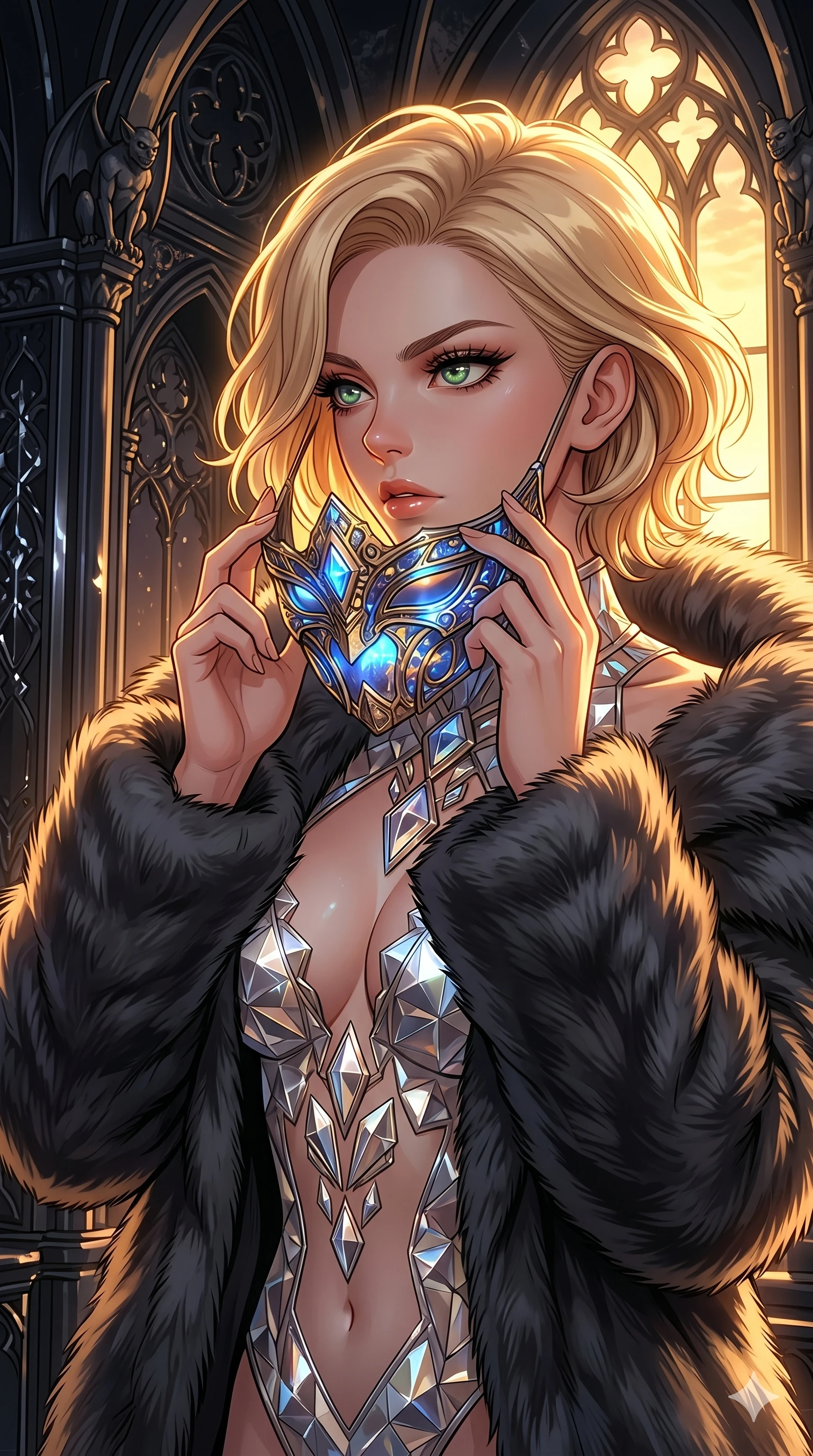 score_9, masterpiece, best quality, ultra-detailed, high-budget anime movie keyframe, cinematic anime lighting, intricate line art, Caucasian (strictly human ears) woman. Upper body filling screen focusing on her alluring features and slim-fit silhouette. adjusting a glowing mask in a gothic obsidian tower during a golden sunset. She has an absolutely perfect 8-heads proportion, an exceptionally tall and slender female figure with an ultra-slim waist and impossibly long slender legs. sharp v-shaped jawline, high-bridge nose, intricate jewel-like eyes, thick eyelashes, glossy lips. Wearing seasonal winter-couture featuring a plush oversized faux-fur coat worn over a skin-tight crystalline leotard and thigh-high stiletto boots. The scene is illuminated by dramatic atmospheric lighting and vibrant color palettes. , 2k, ultra detail, master piece, 9:16 ratio