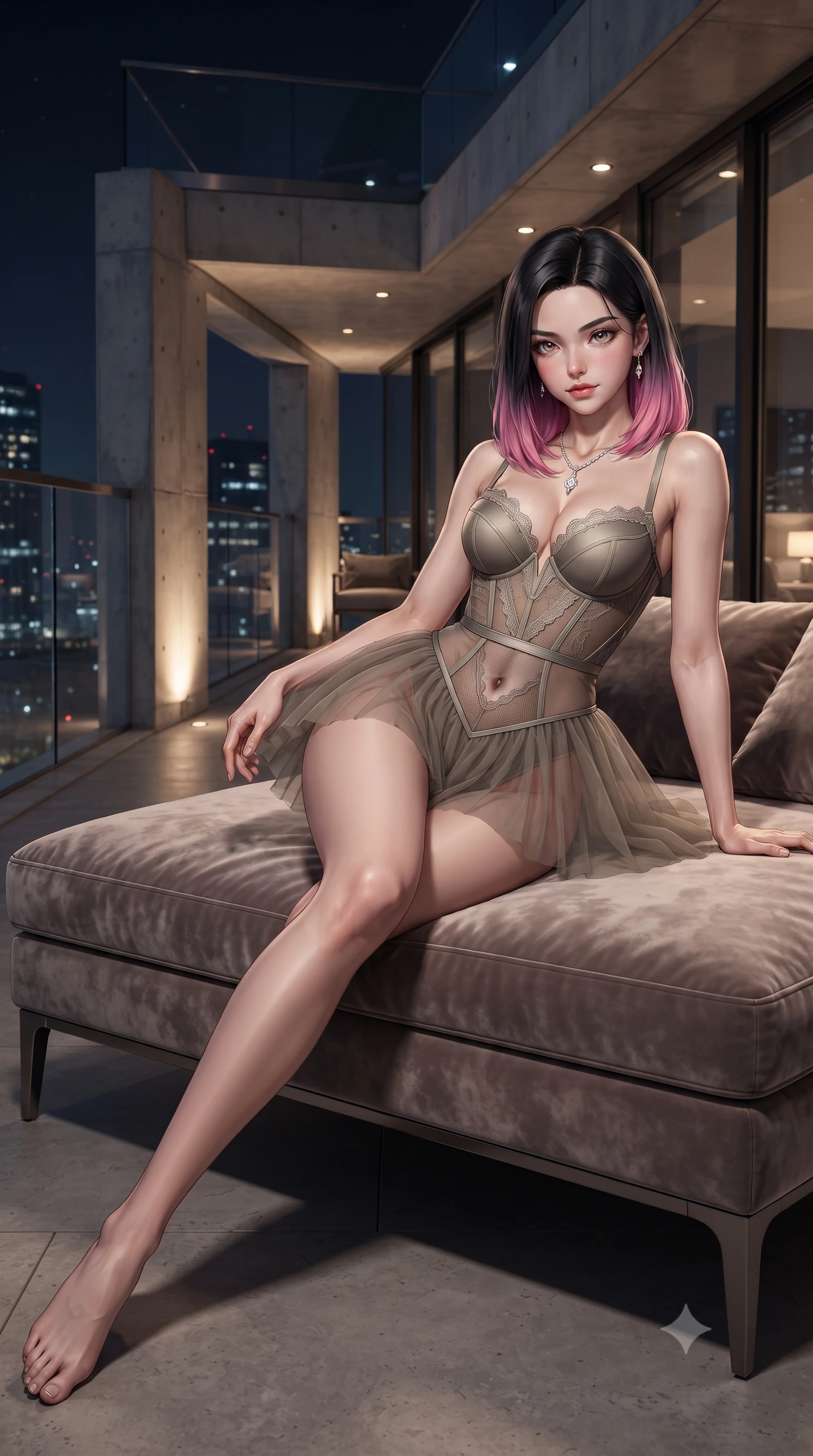 score_9, masterpiece, best quality, ultra-detailed, high-budget anime keyframe, editorial fashion photography, tasteful artistic composition, Korean woman. low angle full-body shot from head to toe showing her feet, filling the entire 9:16 vertical frame with her statuesque presence, stretching her vertical silhouette. reclining gracefully across the plush chaise lounge with one leg extended, her sculpted silhouette and flat midriff radiating magnetic nocturnal glamour while twisting her slender torso in an alluring contrapposto stance, night city lights reflecting off her form-fitting outfit and curvy hips. The surrounding environment is rendered in vivid detail and crisp panoramic clarity: detailed semi-sheer mesh jumpsuit inserts, diamond pendant glint, and modern penthouse architecture in razor-sharp precision. She has an absolutely perfect, statuesque 8.5-heads proportion, an exceptionally tall and slender model-like female figure with impossibly long slender legs, an ultra-slim waist, a flat toned midriff, narrow delicate ribcage, and beautifully sculpted feminine hips creating a graceful, slim hourglass silhouette without any bulky heaviness. sharp v-shaped jawline, high-bridge nose, sparkling eyes with hypnotic seductive depth, thick curled eyelashes, glossy parted lips with a natural dewy peach sheen, alluring bedroom-eyes with an enchanting coquettish smile, exuding magnetic siren charisma and sophisticated glamour, flawlessly proportioned anatomical accuracy, strict slender model proportions, natural body alignment, perfectly sculpted long slender limbs, ultra-slim waistline, clean dynamic posture without body distortion. wearing a plunging sweetheart-neckline boned satin ballet bustier paired with an ultra-short sheer tulle micro-tutu and silk stockings in tactical desert sand khaki and matte carbon grey, made of sheer gossamer chiffon that drapes softly against skin with airy translucence, finished with scalloped eyelash lace trim framing her sweetheart neckline with intimate elegance, the glove-like clinging cut tightly following the natural contour of her hips and long slender legs with youthful 8.5-heads elegance. bathed in warm architectural uplighting from the luxury penthouse terrace mixed with cool city night ambient fill. ultra-reflective glossy finish, specular highlights, rich textural contrasts, high-contrast stereoscopic depth, volumetric dynamic lighting, 2k, ultra detail, master piece, 9:16 ratio