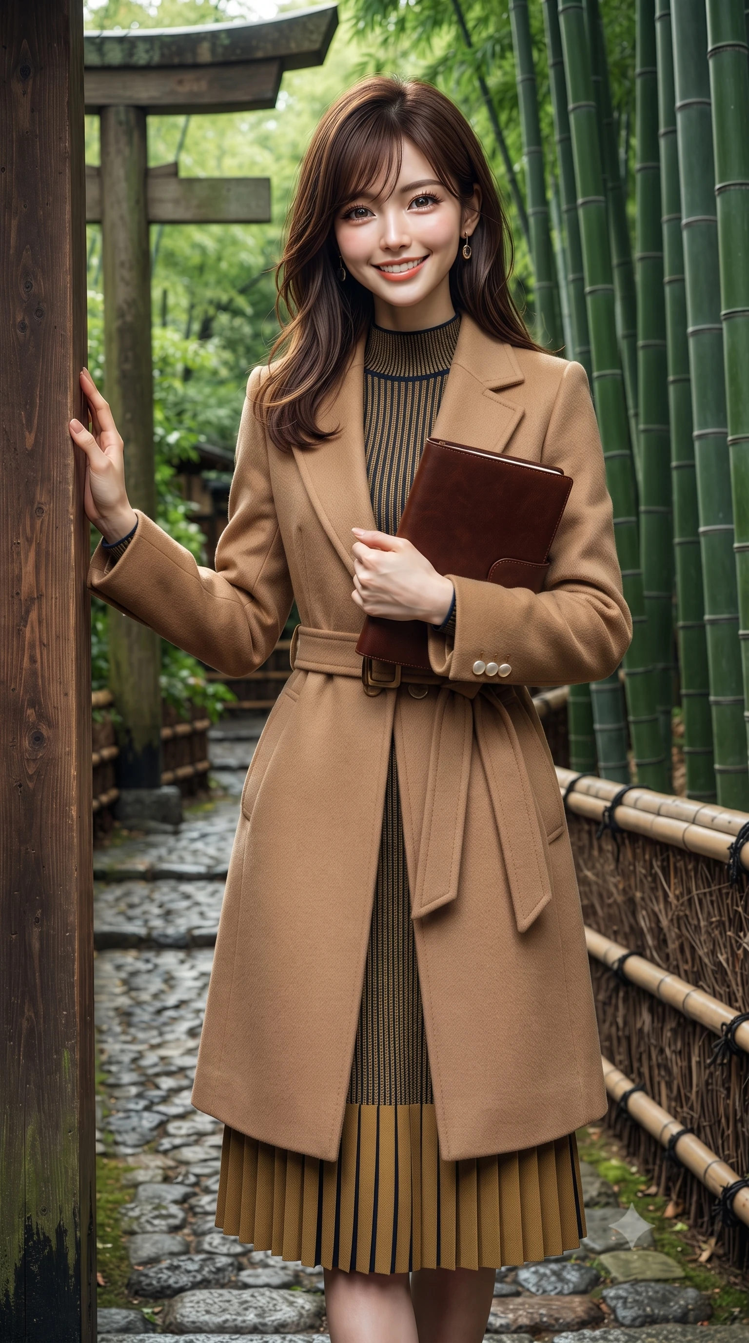 score_9, masterpiece, best quality, ultra-detailed, high-budget anime keyframe, editorial fashion photography, tasteful artistic composition, Japanese woman. close-up cowboy shot from the waist and thighs up, the character dominates the composition, filling the frame with her large presence. holding a leather notebook close to her chest with both arms, smiling delightfully with youthful scholarly grace while pausing beside a weathered wooden torii gate entrance, one hand resting on the cedar post with timeless Kyoto charm. The surrounding environment is rendered in vivid detail and crisp panoramic clarity: sharp vertical ridges on bamboo stalks, textured cobblestones on forest path, and woven bamboo railing cordage in deep focus. She has an exceptionally elegant, slender, and willowy female figure with an ultra-slim waist, flat toned midriff, narrow ribcage, and sculpted feminine hips creating an alluring, slim hourglass silhouette without bulk. sharp v-shaped jawline, high-bridge nose, intricate jewel-like sparkling eyes with depth, thick eyelashes, glossy parted lips with a natural peach sheen, bright cheerful beaming smile with an enchanting and coquettish sensual glint, exuding both youthful cute charm and seductive allure, flawlessly proportioned anatomical accuracy, strict slender model proportions, natural body alignment, perfectly sculpted long slender limbs, ultra-slim waistline, clean dynamic posture without body distortion. wearing a tailored belted cashmere wrap coat in warm camel layered over a fine ribbed knit midi dress in Ginza vintage brass gold and midnight navy, tailored from fine wool gabardine with crisp permanent pleats and sharp drape, finished with fine mother-of-pearl cuff buttons catching the soft ambient light, the sharp shoulder tailoring and gently nipped waist framing her slender torso with pristine sartorial perfection. illuminated by soft green foliage bounce and crisp jade-gold rim lights sculpting her razor-sharp jawline and tall willowy frame. ultra-reflective glossy finish, specular highlights, rich textural contrasts, high-contrast stereoscopic depth, volumetric dynamic lighting, 2k, ultra detail, master piece, 9:16 ratio