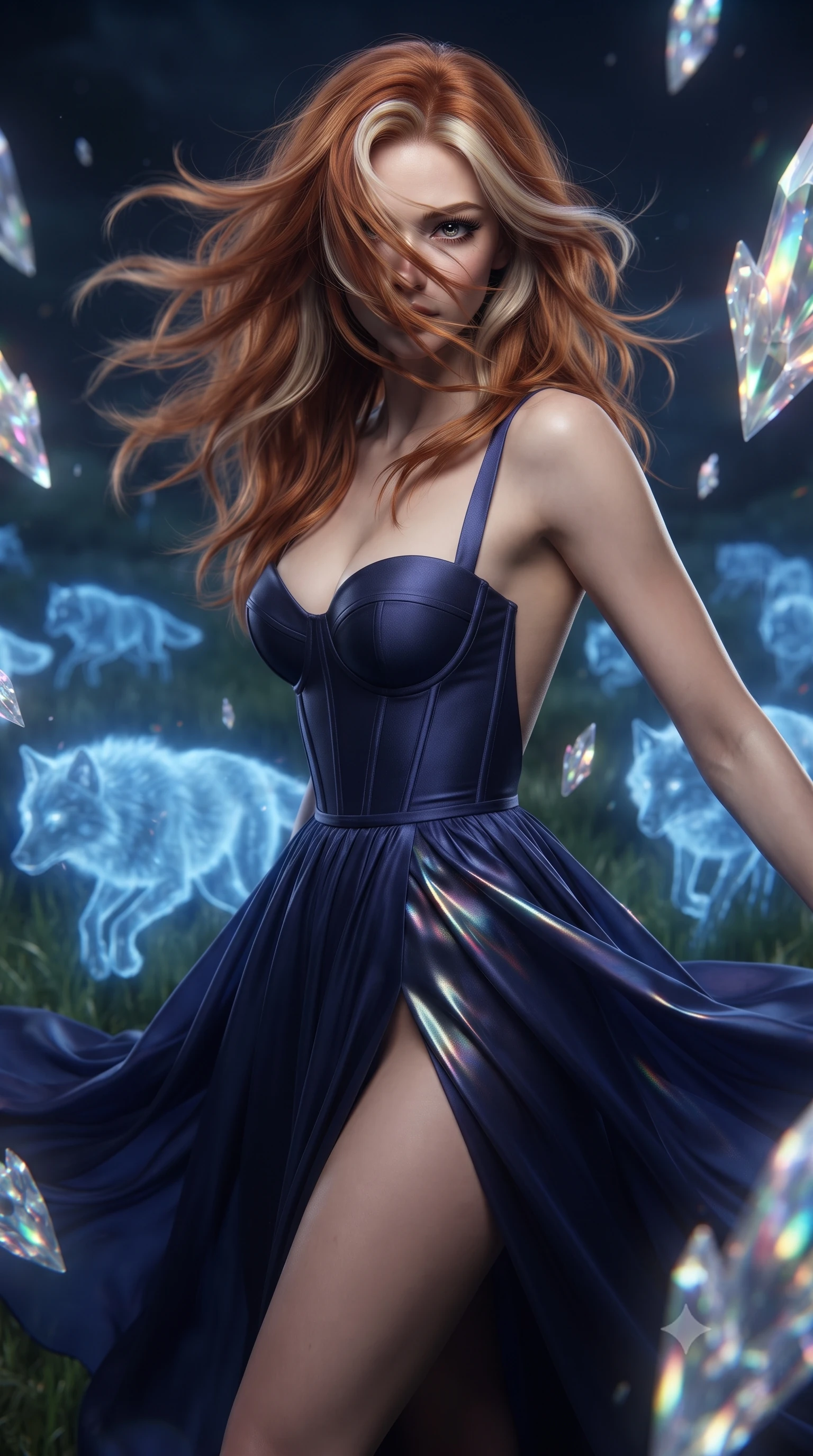 score_9, masterpiece, best quality, ultra-detailed, high-budget anime keyframe, editorial fashion photography, tasteful artistic composition, realistic cosplay photography, Caucasian woman, strictly human ears. close-up cowboy shot from the waist and thighs up, the character dominates the composition, filling the frame with her large presence, background elements kept in soft focus. Executing a sudden, fast pivot to face the camera, her hair whipping violently across her face. set against a soft-focus background of a midnight grassy meadow, where translucent spirit wolves made of pure blue light run in packs around her. She has an exceptionally elegant and slender, willowy female figure with an ultra-slim waist, a gracefully sculpted slender torso, and a refined slim physique. sharp v-shaped jawline, high-bridge nose, intricate jewel-like eyes with depth, thick eyelashes, glossy lips with a natural sheen. wearing the lightweight fabric rippling and billowing dramatically with her movement, a form-contouring structured bustier gown in deep indigo blue, featuring a boned bodice, a daring high front slit, and an open back. ethereal pearlescent light emanating from floating crystalline formations all around. ultra-reflective glossy finish, specular highlights, metallic sheen, high-contrast stereoscopic depth, volumetric dynamic lighting, 2k, ultra detail, master piece, 9:16 ratio
