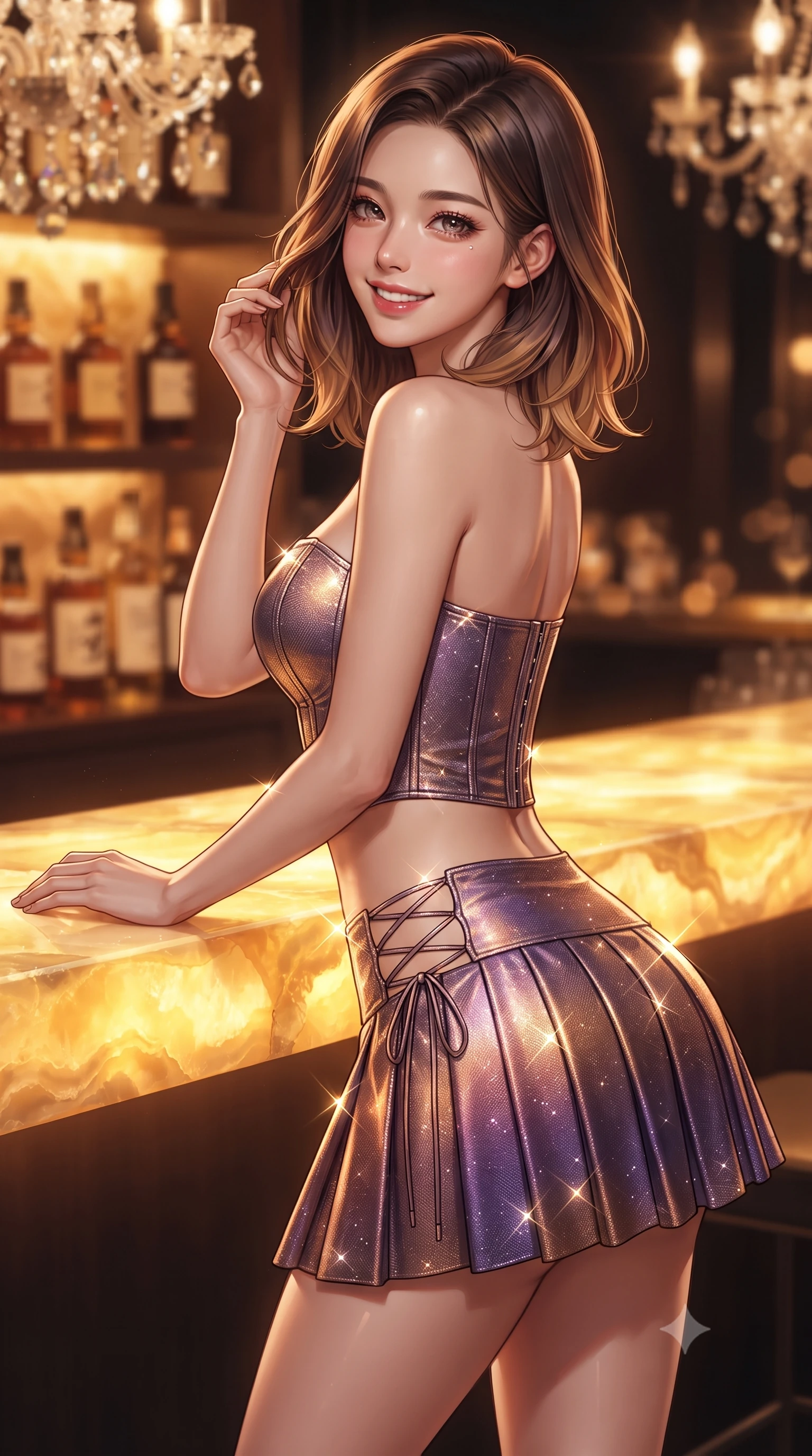 score_9, masterpiece, best quality, ultra-detailed, high-budget anime keyframe, editorial fashion photography, tasteful artistic composition, Korean woman. close-up cowboy shot from the waist and thighs up, the character dominates the composition, filling the frame with her large presence. gently brushing a lock of hair behind her ear while casting a playful, flirtatious side-gaze with long eyelashes while leaning against the glowing golden onyx bar counter with hips cocked back, looking over a bare shoulder with an irresistible bedroom-gaze. The background shows a soft-focus golden illuminated translucent onyx stone counter, tiers of rare Japanese whiskey bottles, and crystal chandeliers blurred into amber, honey, and dark mahogany bokeh. She has an exceptionally elegant, slender, and willowy female figure with an ultra-slim waist, flat toned midriff, narrow ribcage, and sculpted feminine hips creating an alluring, slim hourglass silhouette without bulk. sharp v-shaped jawline, high-bridge nose, intricate jewel-like sparkling eyes with depth, thick eyelashes, glossy parted lips with a natural peach sheen, bright cheerful beaming smile with an enchanting and coquettish sensual glint, exuding both youthful cute charm and seductive allure, flawlessly proportioned anatomical accuracy, strict slender model proportions, natural body alignment, perfectly sculpted long slender limbs, ultra-slim waistline, clean dynamic posture without body distortion. wearing a structured metallic corset crop top with boned waist paired with a low-rise pleated metallic micro-skirt in Mirage sunset amethyst purple and warm bronze, woven from stretch metallic lurex jersey casting radiant starlight glints across her curves, featuring fine criss-cross lace-up side ties revealing tantalizing glimpses of her hip curve, the liquid-tight tailored fabric clinging flawlessly to her narrow waist and rounded feminine hips, emphasizing every millimeter of her sculpted slim hourglass curves without any bulky heaviness. bathed in the rich, radiant warm-amber under-glow of the backlit translucent onyx slab. ultra-reflective glossy finish, specular highlights, rich textural contrasts, high-contrast stereoscopic depth, volumetric dynamic lighting, 2k, ultra detail, master piece, 9:16 ratio