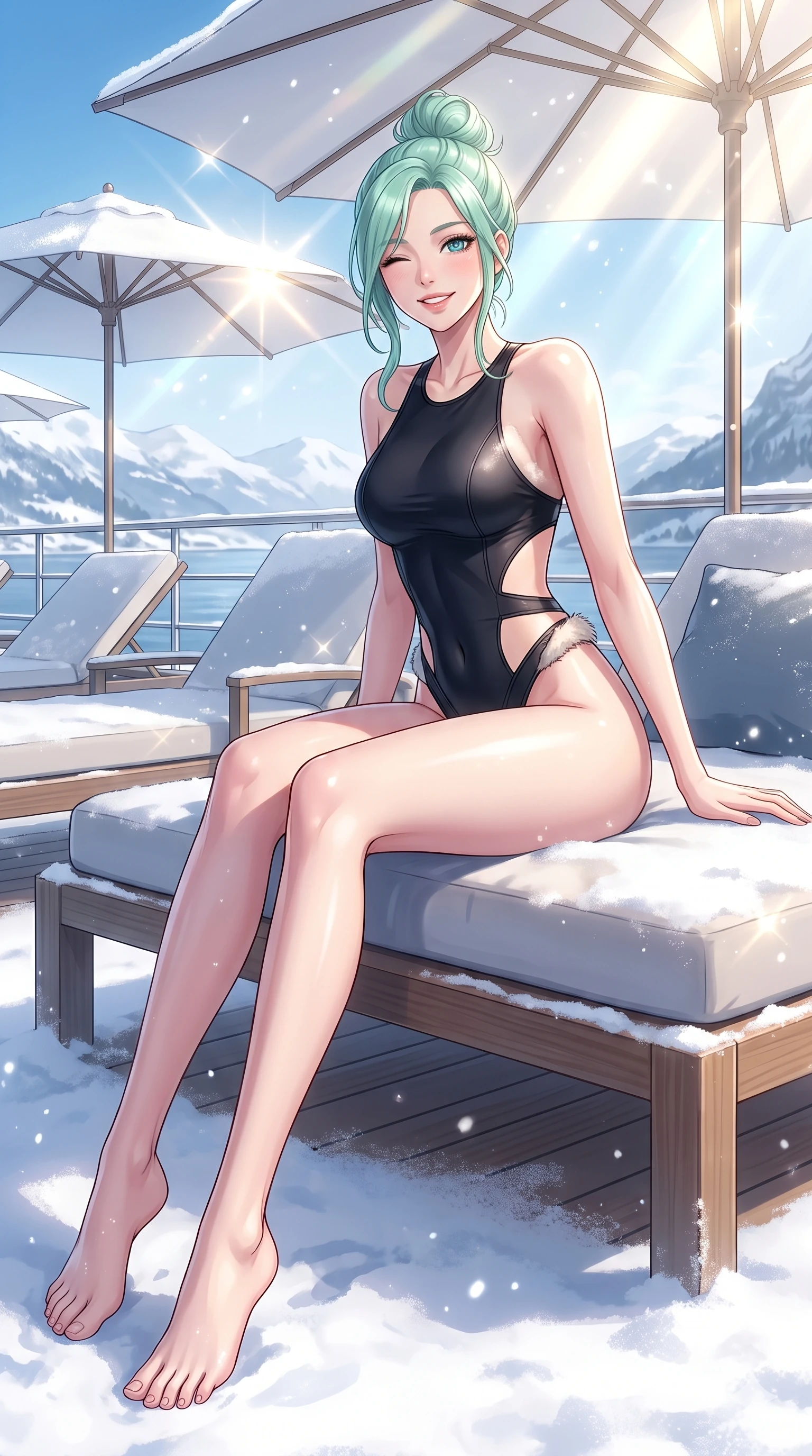score_9, masterpiece, best quality, ultra-detailed, high-budget anime keyframe, vibrant anime aesthetic, Japanese woman. low angle full-body shot from head to toe showing her feet, filling the entire 9:16 vertical frame with her statuesque presence, stretching her vertical silhouette. She is sitting on a resort sunbed, winking and smiling cheerfully at the viewer in snow on a luxury yacht sun-deck with crisp winter breeze (Code-P21-059). She has an absolutely perfect 8-heads proportion, an exceptionally tall and slender female figure with impossibly long slender legs and an ultra-slim waist. V-shaped jawline, high-bridge nose, intricate jewel-like eyes with depth, thick eyelashes, glossy lips with a natural sheen. wearing a sleek swimsuit with high-cut leg lines and an exposed waist in snow. She is surrounded by bright sunbeams reflecting off white umbrellas, creating a luminous winter glow. 2k, ultra detail, master piece, 9:16 ratio