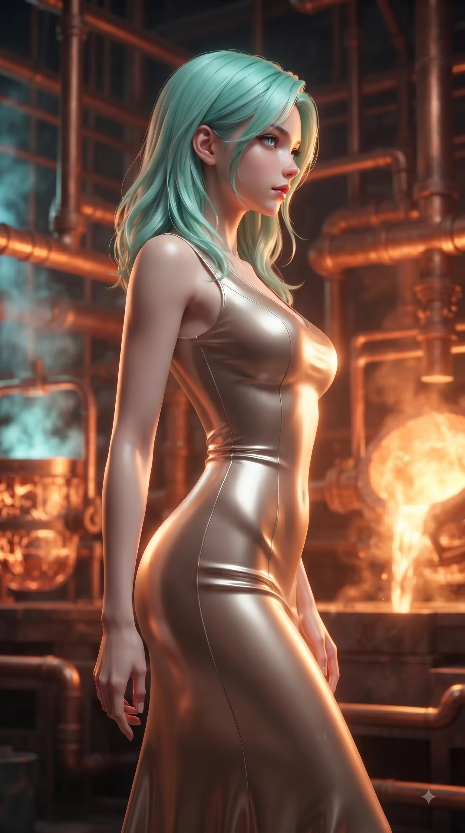 score_9, masterpiece, best quality, ultra-detailed, high-budget anime keyframe, editorial fashion photography, tasteful artistic composition, Japanese woman woman. close-up cowboy shot from the waist and thighs up, the character dominates the composition, filling the frame with her large presence, background elements kept in soft focus. She has an exceptionally elegant, slender, and willowy female figure with an ultra-slim waist, a gracefully sculpted slender torso, and a refined silhouette. turning her head in a sharp dramatic profile against the key light, her eyes glowing with calm focus, flawlessly proportioned anatomical accuracy, natural body alignment, perfectly sculpted elegant limbs, clean dynamic posture without body distortion. set against a soft-focus background of a copper pipe industrial foundry with liquid aurora crucibles. wearing a sculpted champagne satin bodycon gown following her slender silhouette like liquid metal. bathed in intense orange furnace light clashing with cool cyan steam highlights. ultra-reflective glossy finish, specular highlights, metallic sheen, high-contrast stereoscopic depth, volumetric dynamic lighting, 2k, ultra detail, master piece, 9:16 ratio