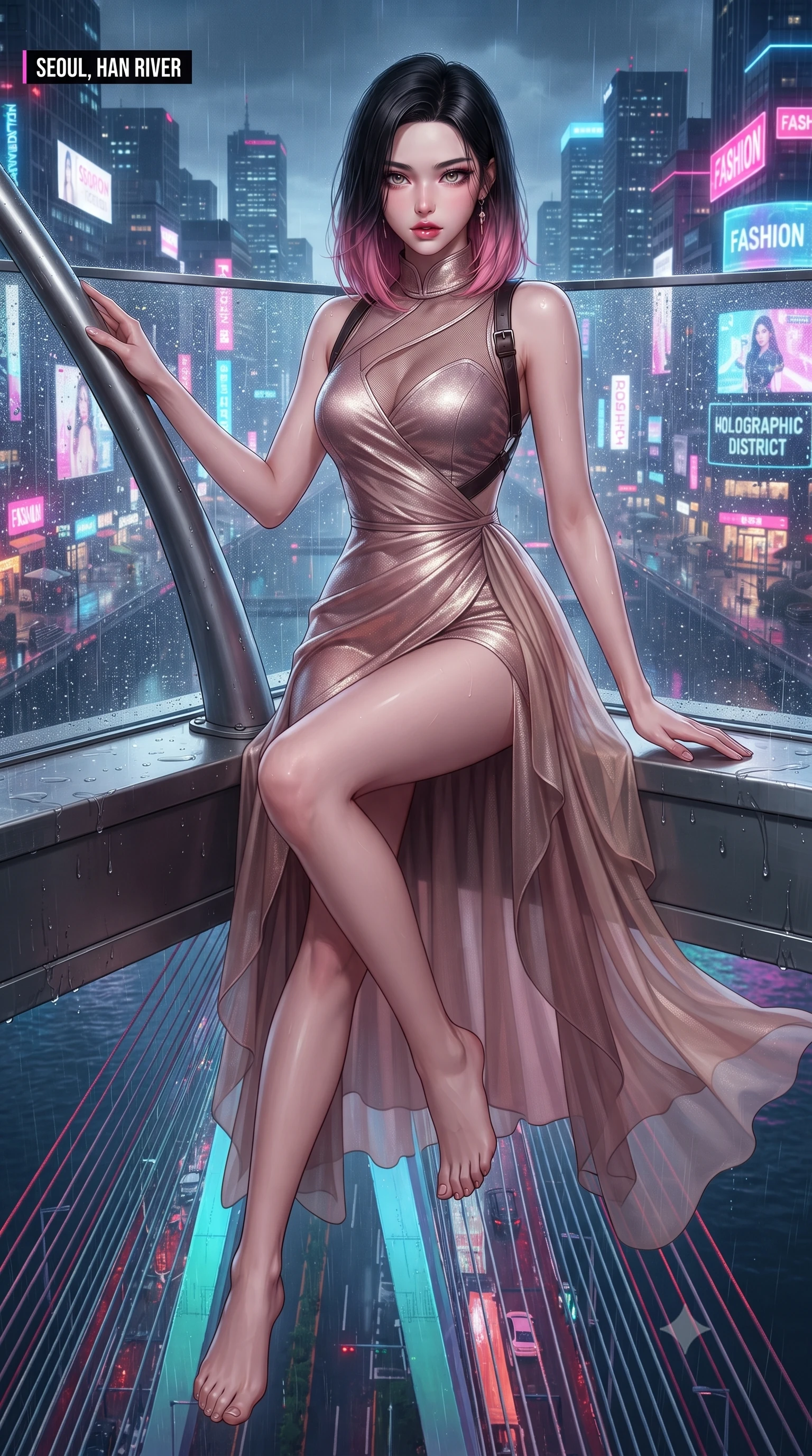 score_9, masterpiece, best quality, ultra-detailed, high-budget anime keyframe, editorial fashion photography, tasteful artistic composition, Korean woman. low angle full-body shot from head to toe showing her feet, filling the entire 9:16 vertical frame with her statuesque presence, stretching her vertical silhouette. sitting perched on the elevated edge with hips angled toward the camera and legs crossed, displaying her toned midriff and flawlessly sculpted slender limbs while twisting her slender torso in an alluring contrapposto stance, resting one hand on the curved titanium support spar with smoldering bedroom-eyes as holographic city billboards shimmer behind her. The surrounding environment is rendered in vivid detail and crisp panoramic clarity. sharp structural titanium spar seams, rain droplet tracks on glass, and Han River suspension bridge cable tension in deep focus. She has an exceptionally tall and slender model-like 8.5-heads proportion, an ultra-slim waist, a flat toned midriff, narrow delicate ribcage, and beautifully sculpted feminine hips creating a graceful, slim hourglass silhouette without any bulky heaviness, with impossibly long slender legs. sharp v-shaped jawline, high-bridge nose, intricate jewel-like eyes with depth, thick eyelashes, glossy parted lips with a natural sheen, intensely captivating and seductive bedroom-eyes expression, flawlessly proportioned anatomical accuracy, strict slender model proportions, natural body alignment, perfectly sculpted long slender limbs, ultra-slim waistline, clean dynamic posture without body distortion. wearing a wet-look silk fusion wrap dress with asymmetrical sheer mesh cutouts and high Mandarin collar in dusky blush rose and champagne shimmer, woven from layered gossamer chiffon with a weightless sweeping drape, featuring an open-back criss-cross harness strap in dark leather, the second-skin form-contouring cut accentuating her sculpted flat midriff, narrow delicate ribcage, and gracefully curvy hips with supermodel precision. illuminated by wet specular glass bounce lights sculpting her razor-sharp jawline, narrow waist, and curvy hips. ultra-reflective glossy finish, specular highlights, rich textural contrasts, high-contrast stereoscopic depth, volumetric dynamic lighting, 2k, ultra detail, master piece, 9:16 ratio
