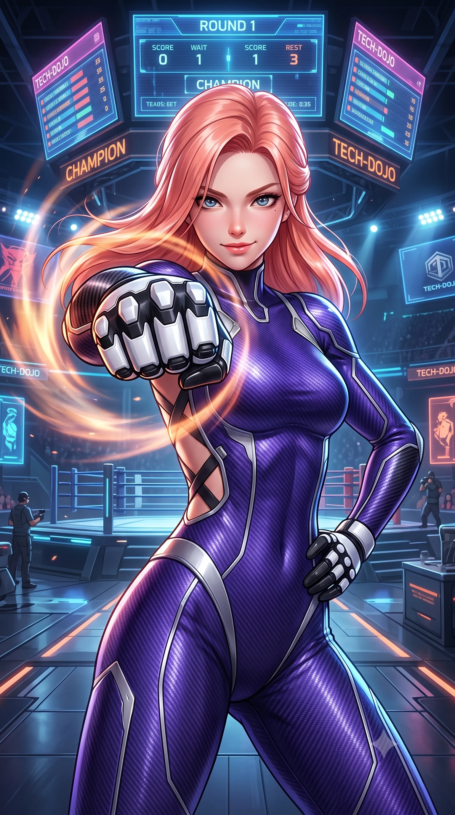 score_9, masterpiece, best quality, ultra-detailed, high-budget anime keyframe, semi-realistic 3D game render, editorial fashion photography, tasteful artistic composition, Japanese woman. close-up cowboy shot from the waist and thighs up, the character dominates the composition, filling the frame with her large presence. thrusting a high-speed kinetic punch toward the camera, a visible conical shockwave distortion wrapping around her sleek carbon forearm while resting one hand on her hip with a fearless, captivating battle smile as giant holographic arena scoreboards flash overhead. The surrounding environment is rendered in vivid detail and crisp panoramic clarity. high-contrast cyberpunk sports chiaroscuro and raw kinetic energy captured with environmental precision. She has an exceptionally elegant, slender, and willowy female figure with an ultra-slim waist, a gracefully sculpted slender torso, toned flat midriff, and a refined slim silhouette. sharp v-shaped jawline, high-bridge nose, intricate jewel-like eyes with depth, thick eyelashes, glossy lips with a natural sheen, flawlessly proportioned anatomical accuracy, strict slender model proportions, natural body alignment, perfectly sculpted long slender limbs, ultra-slim waistline, clean dynamic posture without body distortion. wearing a precision-fitted royal purple carbon-fiber martial arts suit with silver accents and glowing micro-circuit knuckle plating in monochrome white enamel carbon with high-contrast black panels, tailored from flexible second-skin carbon-mesh that clings flawlessly to her athletic curves, complemented by criss-cross back harness straps highlighting her completely bare spine, the form-contouring material adhering flawlessly to her sculpted flat midriff and slender torso, emphasizing her long leg lines and perfectly proportioned willowy build. surrounded by an exhilarating, fierce, and breathtakingly stylish cyborg-warrior champion aura. rich saturated anime colors with glowing neon highlights, detailed shading with soft gradients, rich glossy textures, high-contrast stereoscopic depth, volumetric dynamic lighting, master piece, 9:16 ratio