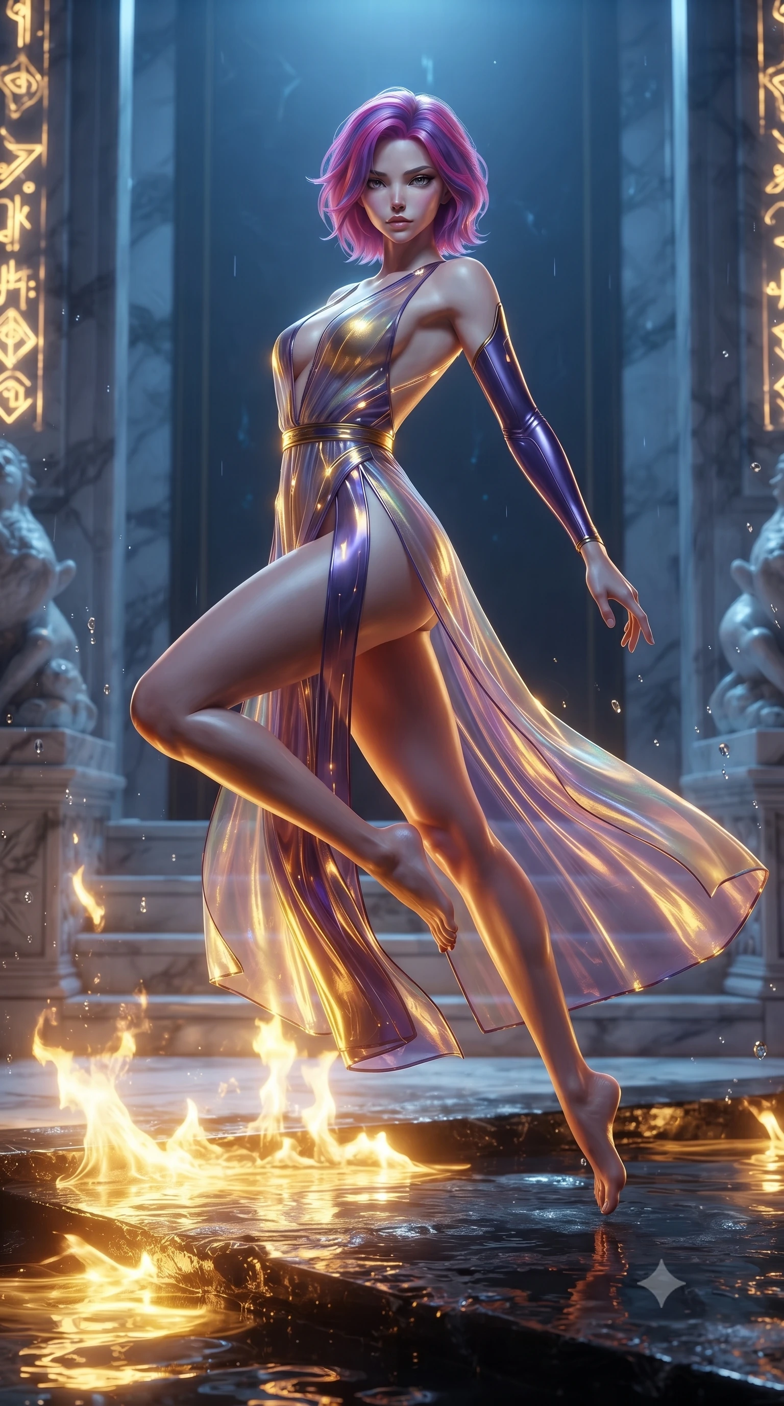 score_9, masterpiece, best quality, ultra-detailed, high-budget anime keyframe, editorial fashion photography, tasteful artistic composition, Caucasian woman. low angle full-body shot from head to toe showing her feet, filling the entire 9:16 vertical frame with her statuesque presence, stretching her vertical silhouette. performing an alluring mid-air vault with flawless poise, looking directly into the camera with smoldering intensity while reclining along the wet obsidian ledge of a cybernetic sanctuary with glowing gold caustics illuminating her figure. The surrounding environment is rendered in vivid detail and crisp panoramic clarity. glistening water droplets, detailed marble dais carvings, and glowing energy glyphs in deep focus. She has an absolutely perfect, statuesque 8.5-heads proportion, an exceptionally tall and slender model-like female figure with impossibly long slender legs and an ultra-slim waist. sharp v-shaped jawline, high-bridge nose, intricate jewel-like eyes with depth, thick eyelashes, glossy lips with a natural sheen, flawlessly proportioned anatomical accuracy, natural body alignment, perfectly sculpted elegant limbs, clean dynamic posture without body distortion. wearing a translucent iridescent chiffon gown with a plunging neckline, high dual thigh slits, and an open back in lustrous molten gold and pure deep violet, tailored from semi-translucent cybernetic vinyl with glowing micro-filaments, finished with an ultra-high side slit secured by miniature magnetic clasps, the glove-like fit tightly following every curve of her statuesque athletic build. illuminated by intense gold caustics from below and cool blue ambient backlighting. ultra-reflective glossy finish, specular highlights, metallic sheen, high-contrast stereoscopic depth, volumetric dynamic lighting, 2k, ultra detail, master piece, 9:16 ratio
